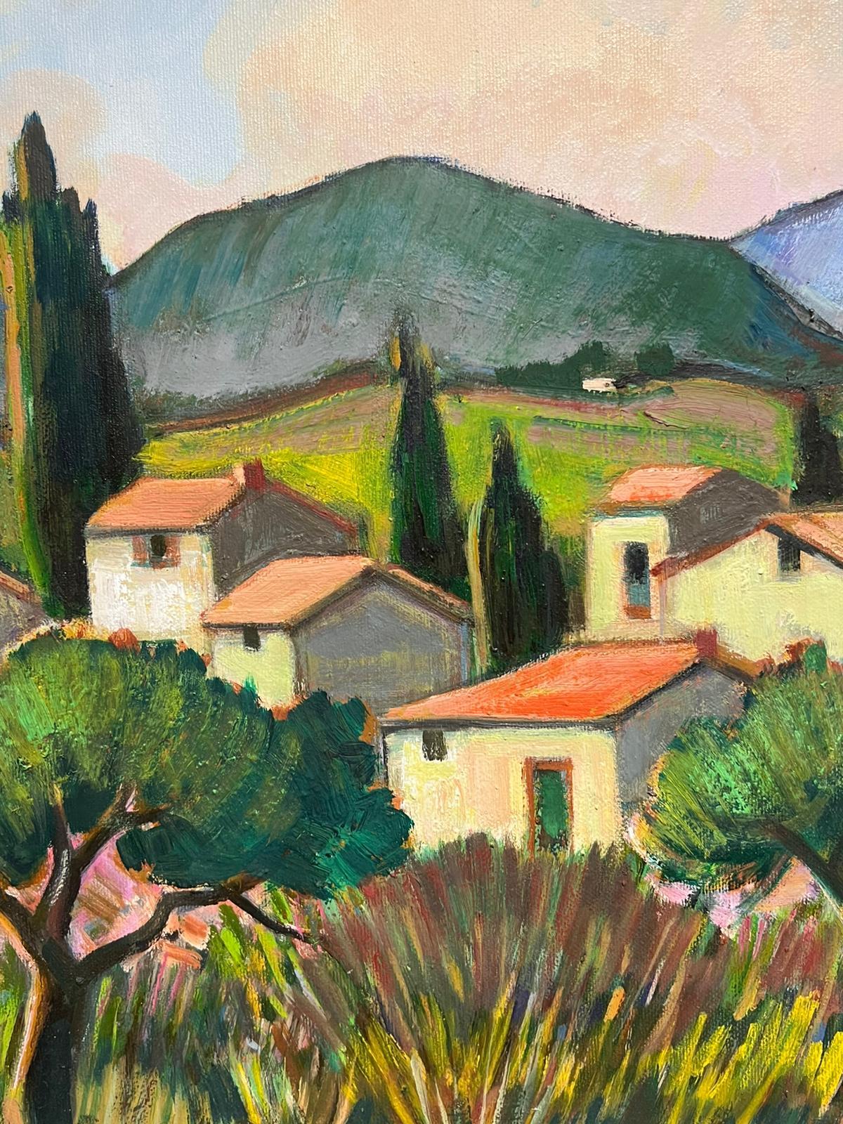 Provence Red Roofed Houses in Landscape 20th Century French Modernist Oil Paint - Brown Landscape Painting by Max Toutain