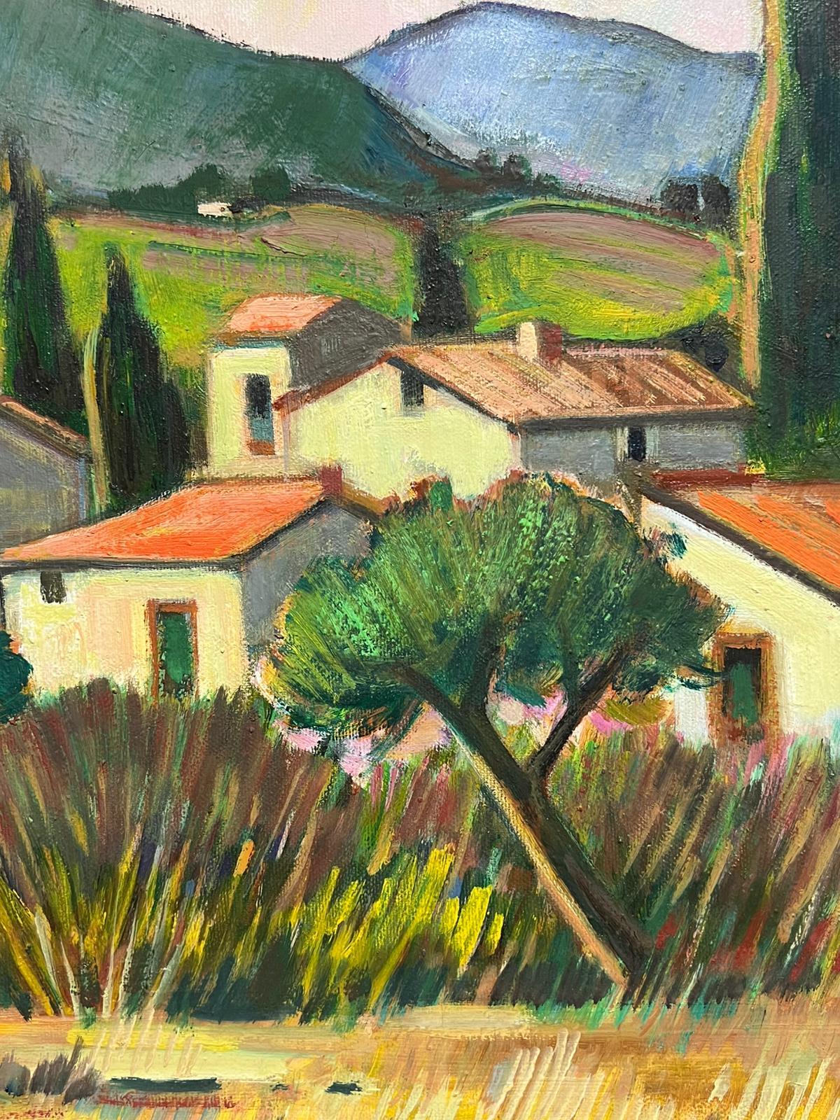 Provence Red Roofed Houses in Landscape 20th Century French Modernist Oil Paint For Sale 1