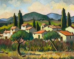 Provence Red Roofed Houses in Landscape 20th Century French Modernist Oil Paint