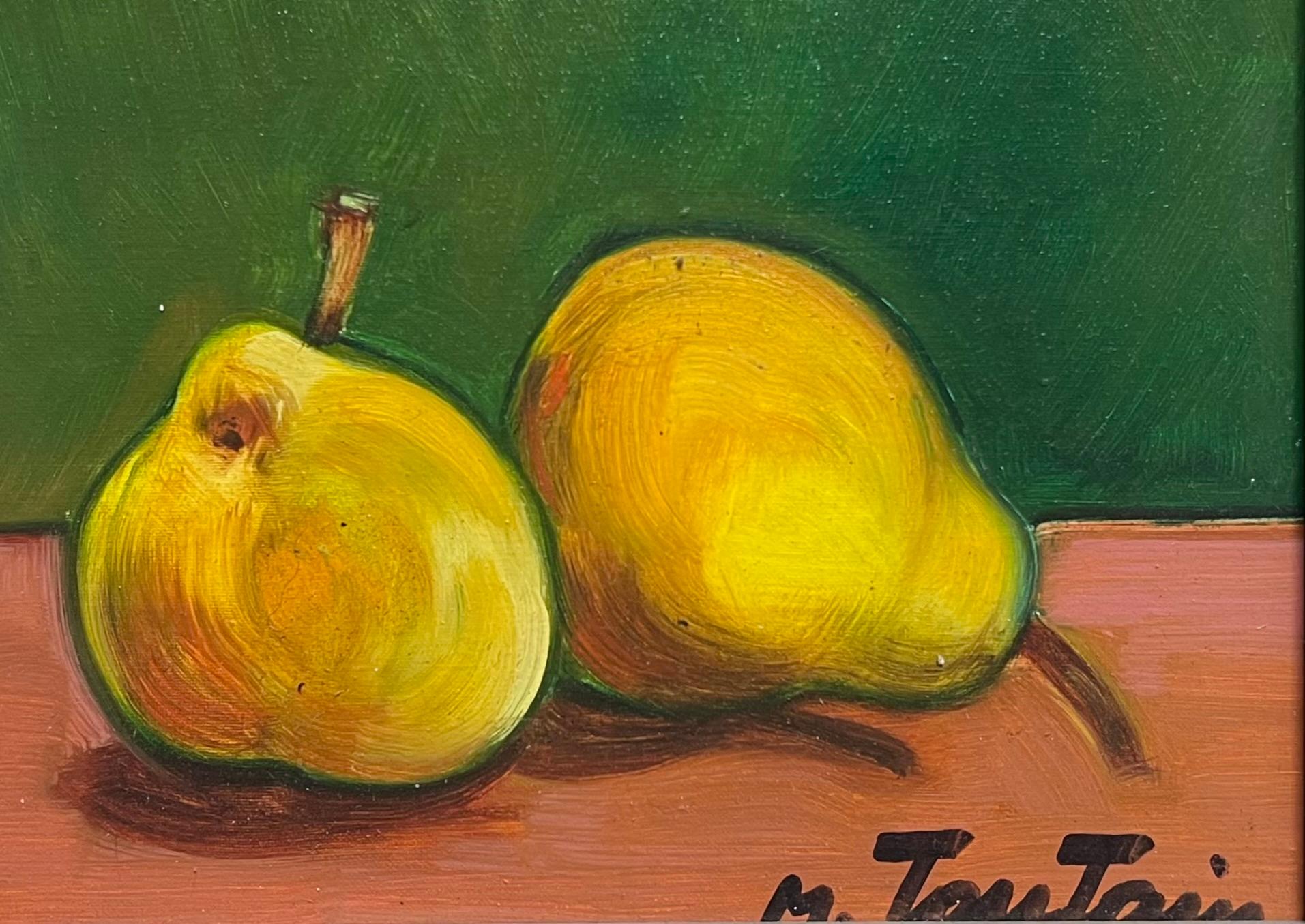 Stillleben mit zwei Birnen, französisches modernistisches Originalgemälde des 20. Jahrhunderts, gerahmt (Schwarz), Still-Life Painting, von Max Toutain