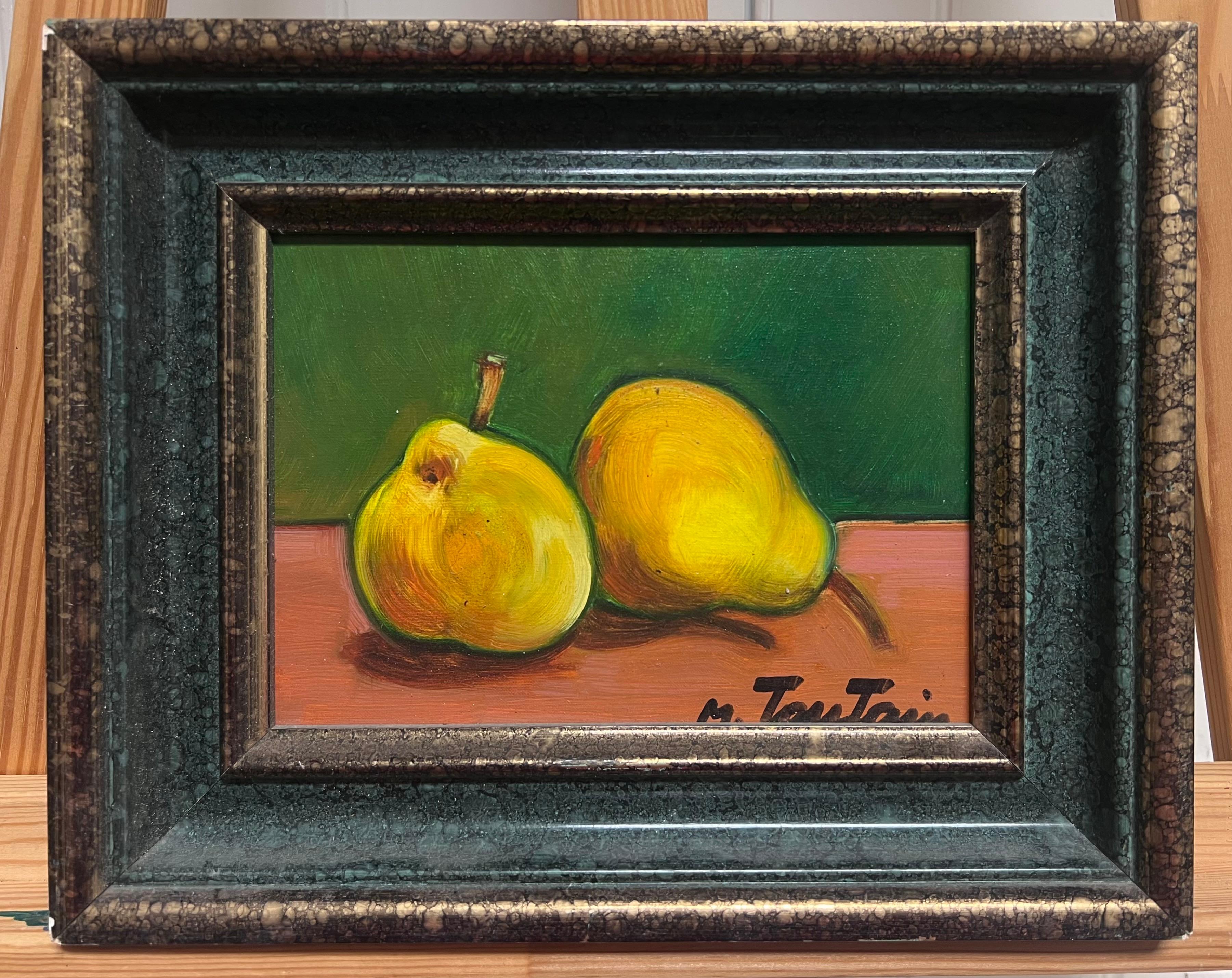 Stillleben mit zwei Birnen, französisches modernistisches Originalgemälde des 20. Jahrhunderts, gerahmt – Painting von Max Toutain