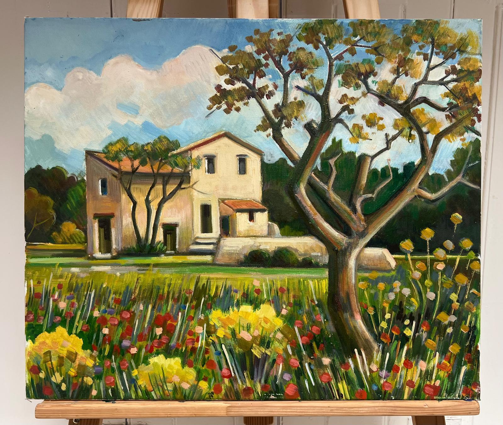 Sunlit Countryside Villa Surrounded by a Vibrant Wildflower Meadow French Oil - Painting by Max Toutain