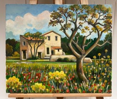 Sunlit Countryside Villa Surrounded by a Vibrant Wildflower Meadow French Oil