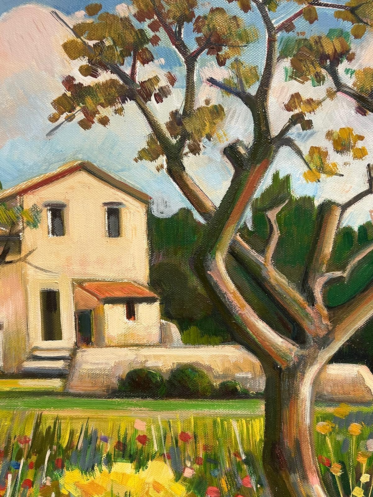Sunlit Countryside Villa Surrounded by a Vibrant Wildflower Meadow French Oil For Sale 1