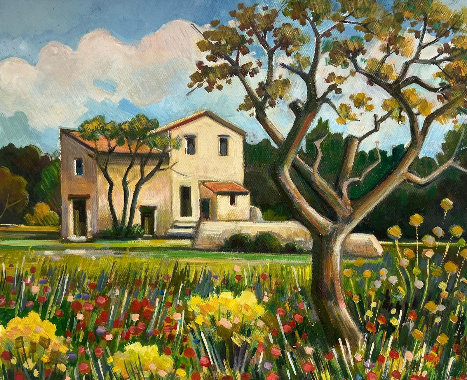 Max Toutain Landscape Painting - Sunlit Countryside Villa Surrounded by a Vibrant Wildflower Meadow French Oil