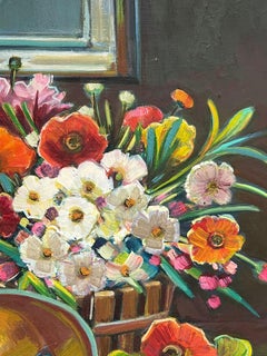 Sunlit Still Life Of A Basket of Vibrant Blooms by the Open Window French Oil
