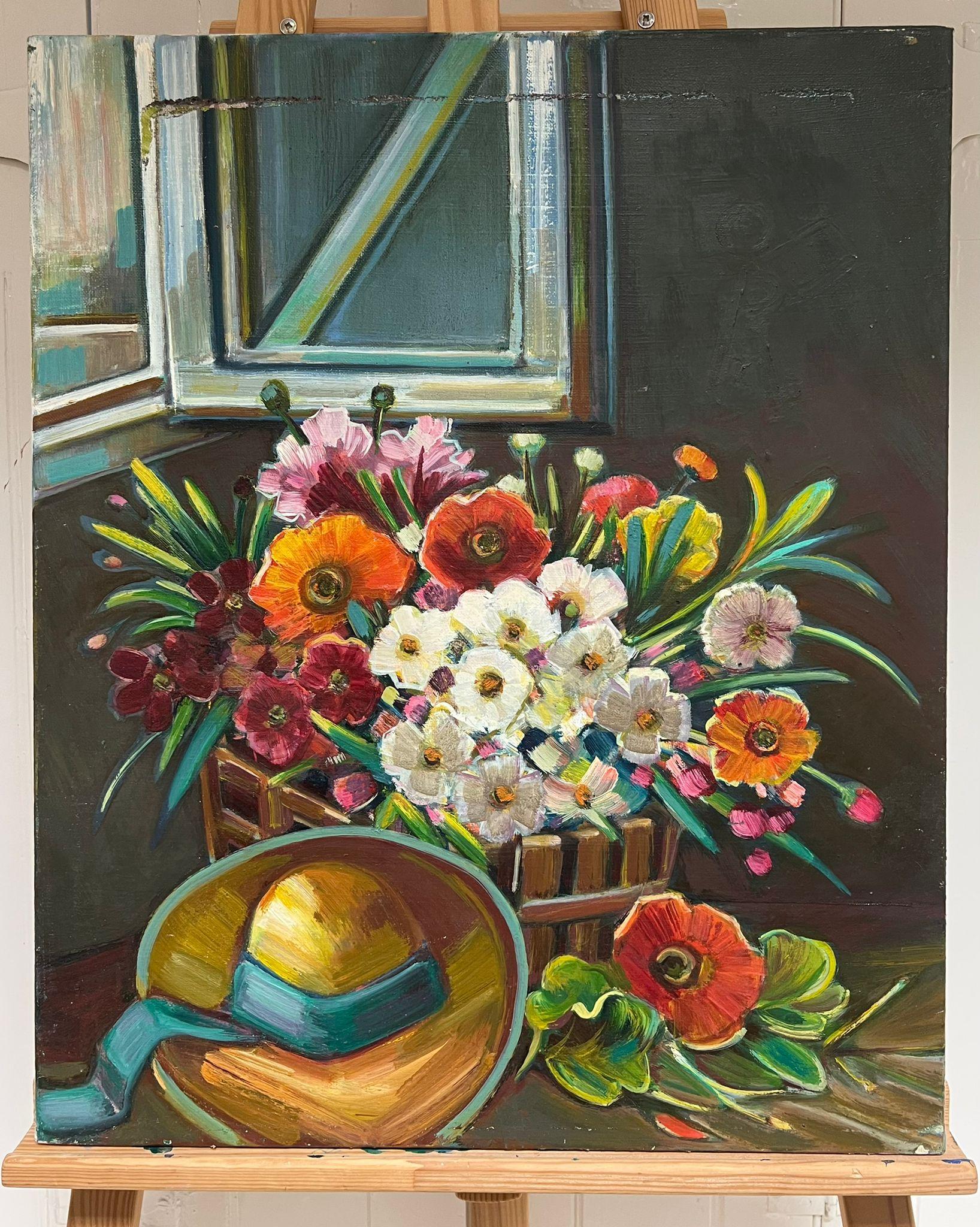 Natura morta illuminata dal sole di un cesto di fiori vivaci vicino alla finestra aperta Olio francese - Painting Postimpressionismo di Max Toutain