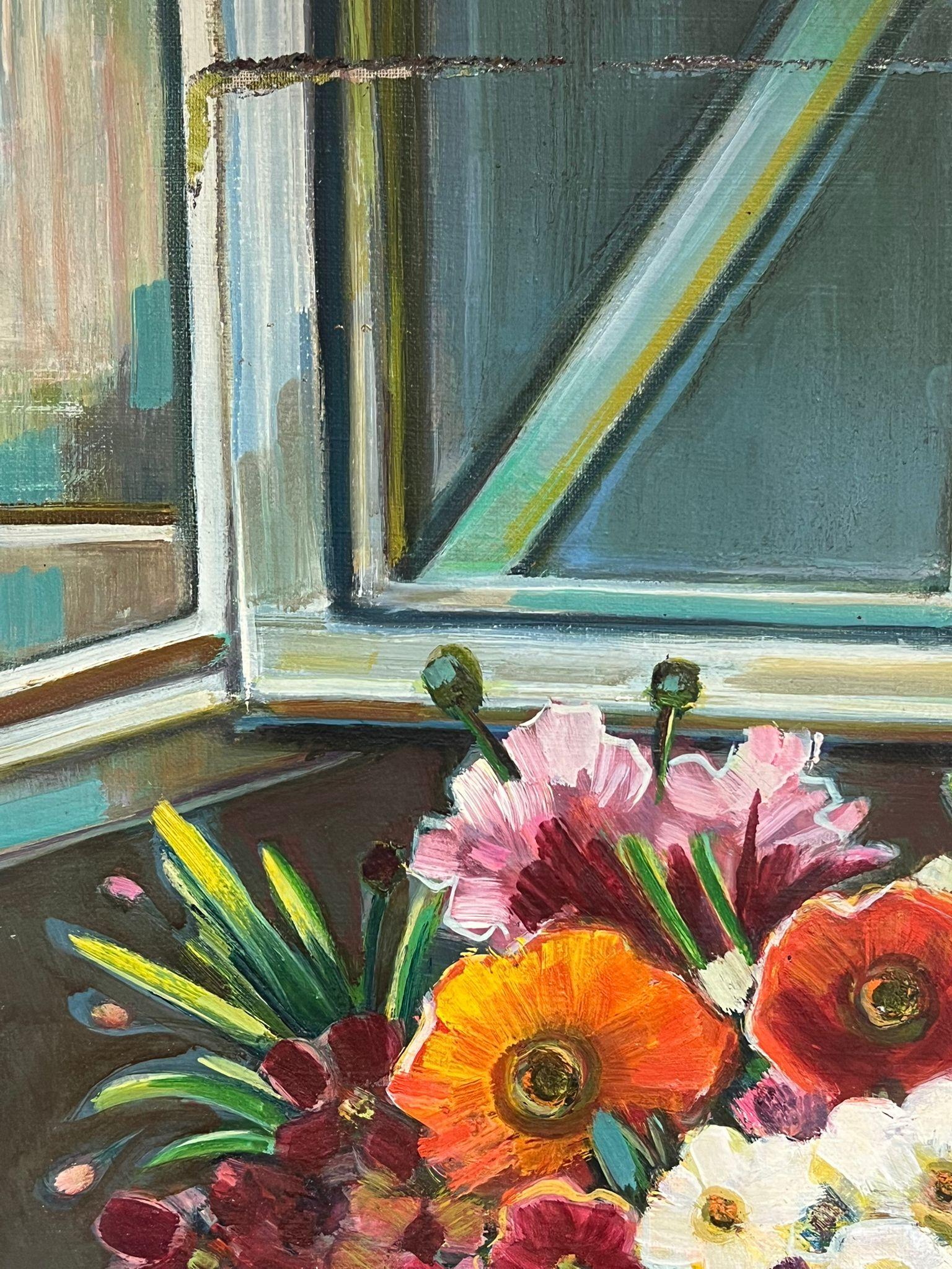 Natura morta illuminata dal sole di un cesto di fiori vivaci vicino alla finestra aperta Olio francese - Interior Painting Nero di Max Toutain