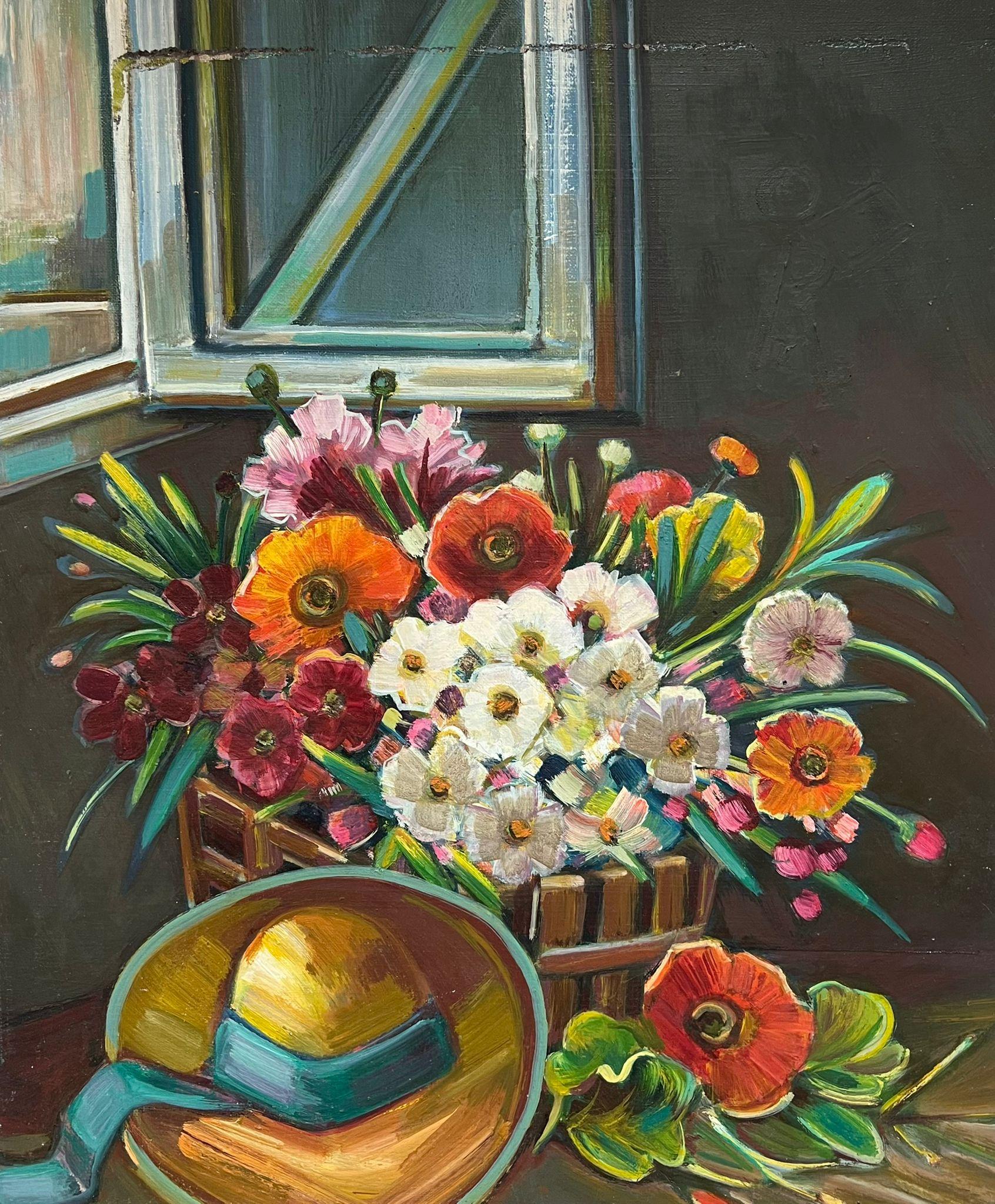 Interior Painting di Max Toutain - Natura morta illuminata dal sole di un cesto di fiori vivaci vicino alla finestra aperta Olio francese