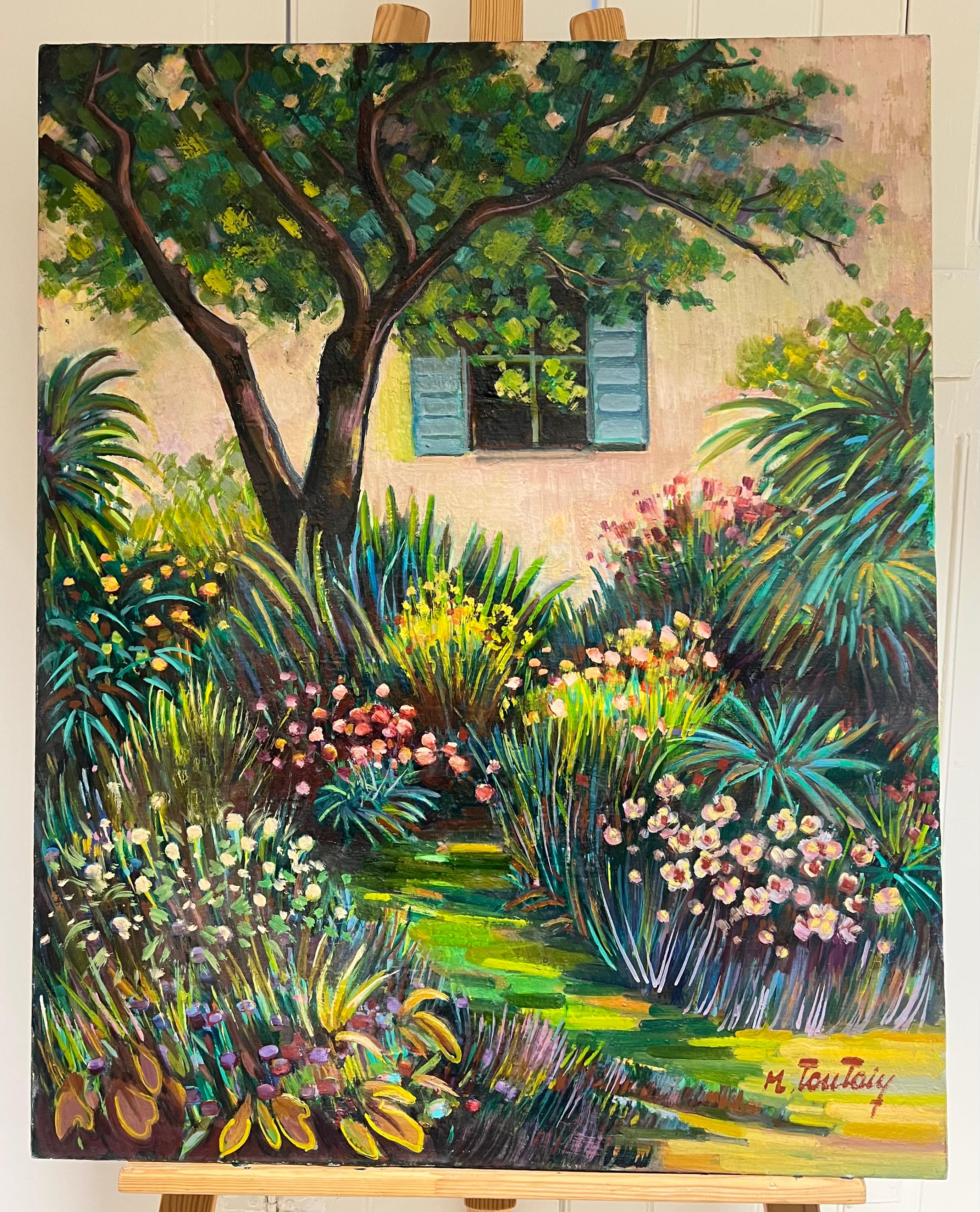 Il giardino fiorito della casa provenzale Grande dipinto a olio francese del XX secolo - Painting di Max Toutain
