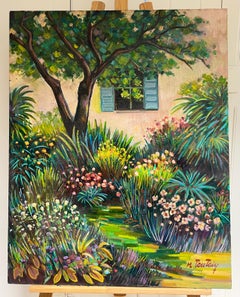 The Provence House Flower Garden Large 20th Century French Oil Painting