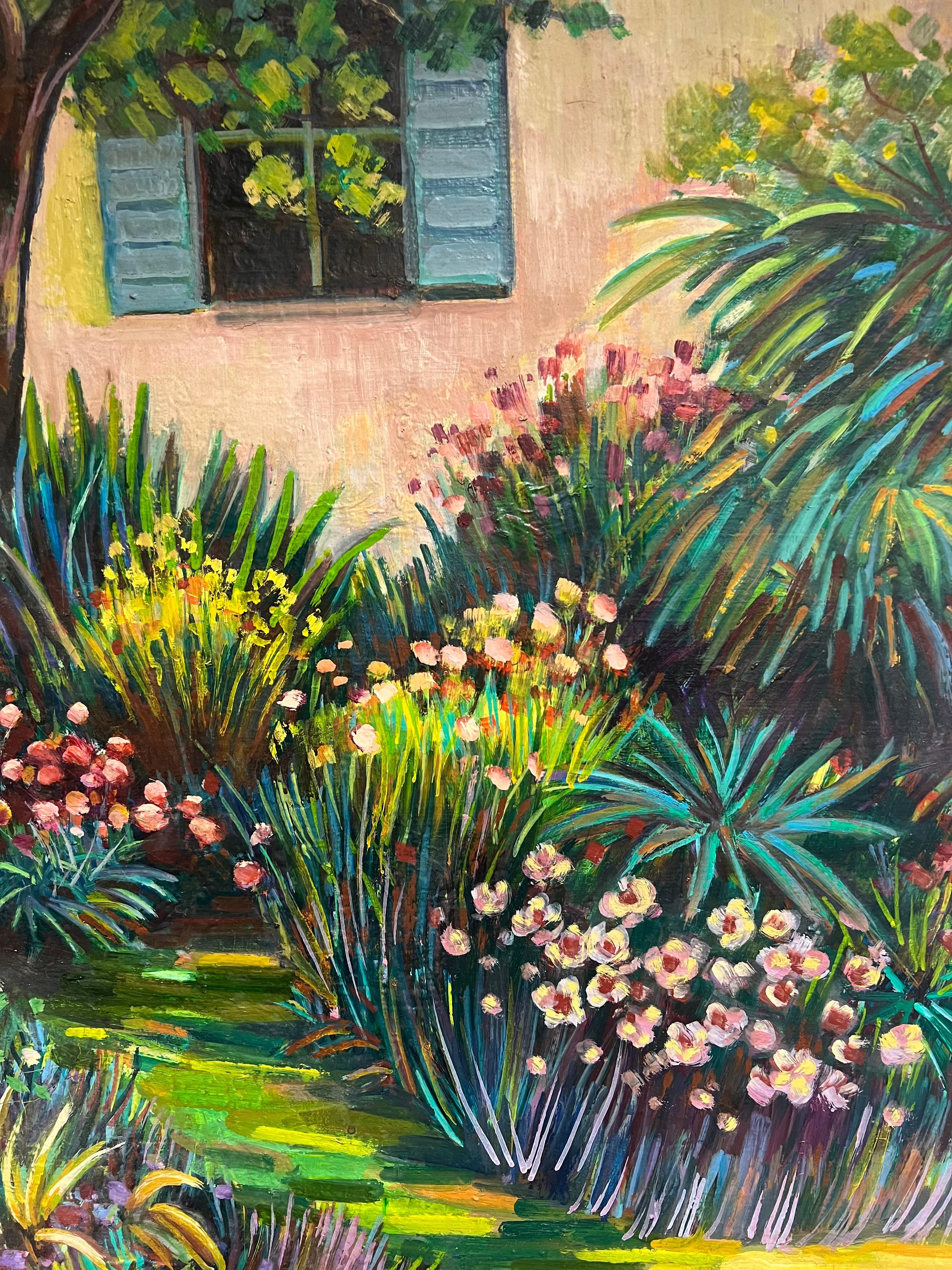 Il giardino fiorito della casa provenzale Grande dipinto a olio francese del XX secolo - Painting Postimpressionismo di Max Toutain