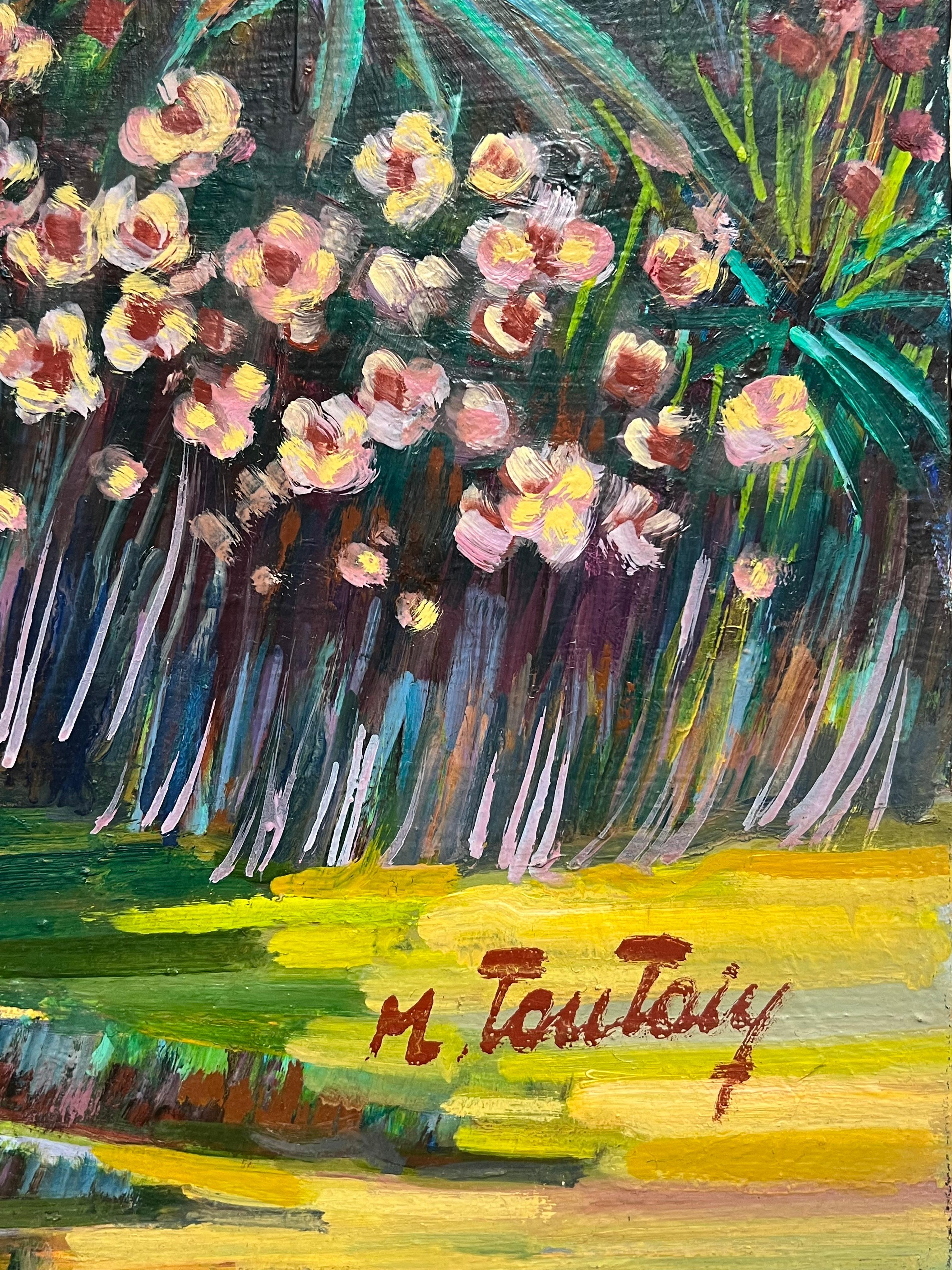 Il giardino fiorito della casa provenzale Grande dipinto a olio francese del XX secolo - Landscape Painting Nero di Max Toutain