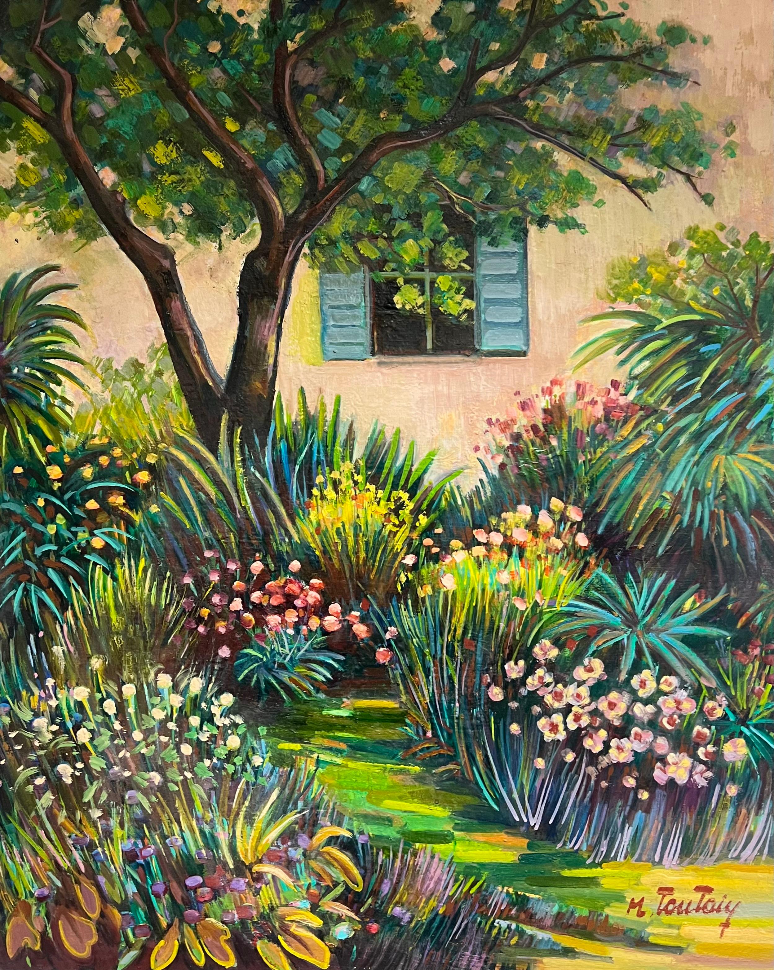 Landscape Painting di Max Toutain - Il giardino fiorito della casa provenzale Grande dipinto a olio francese del XX secolo