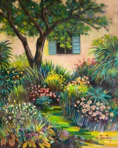 The Provence House Flower Garden Large 20th Century French Oil Painting
