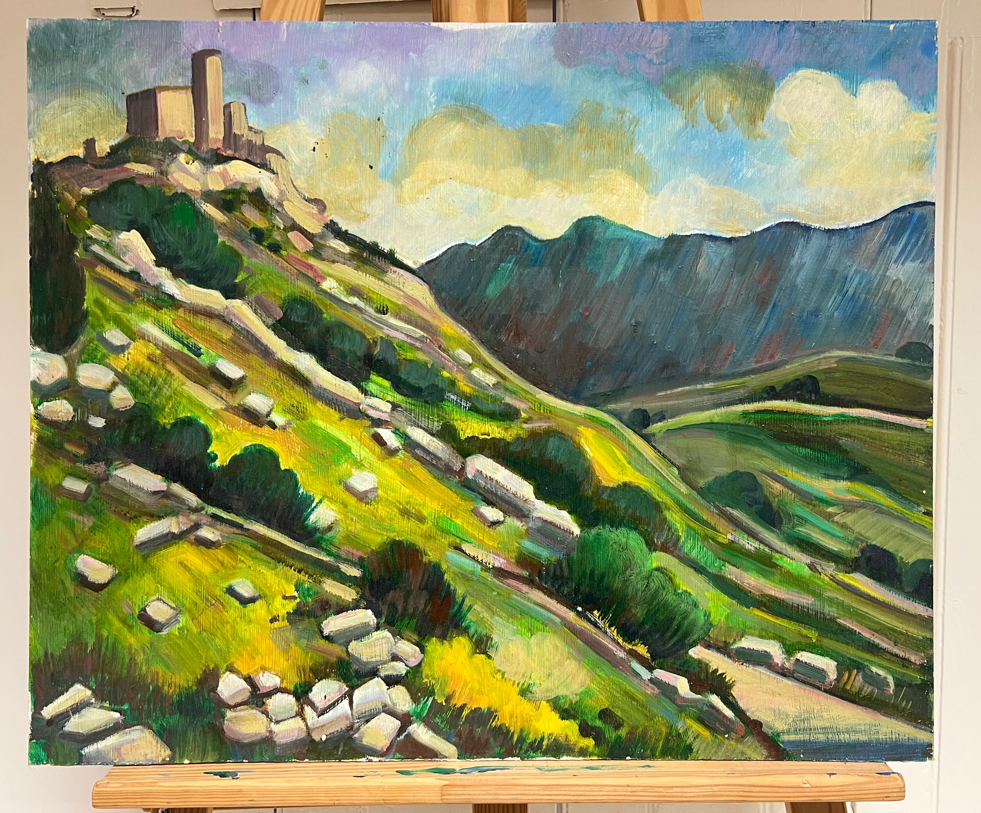 Max Toutain Landscape Painting – Vibrant Rolling Hills and Hilltop Castle, Französisches Ölgemälde des 20. Jahrhunderts