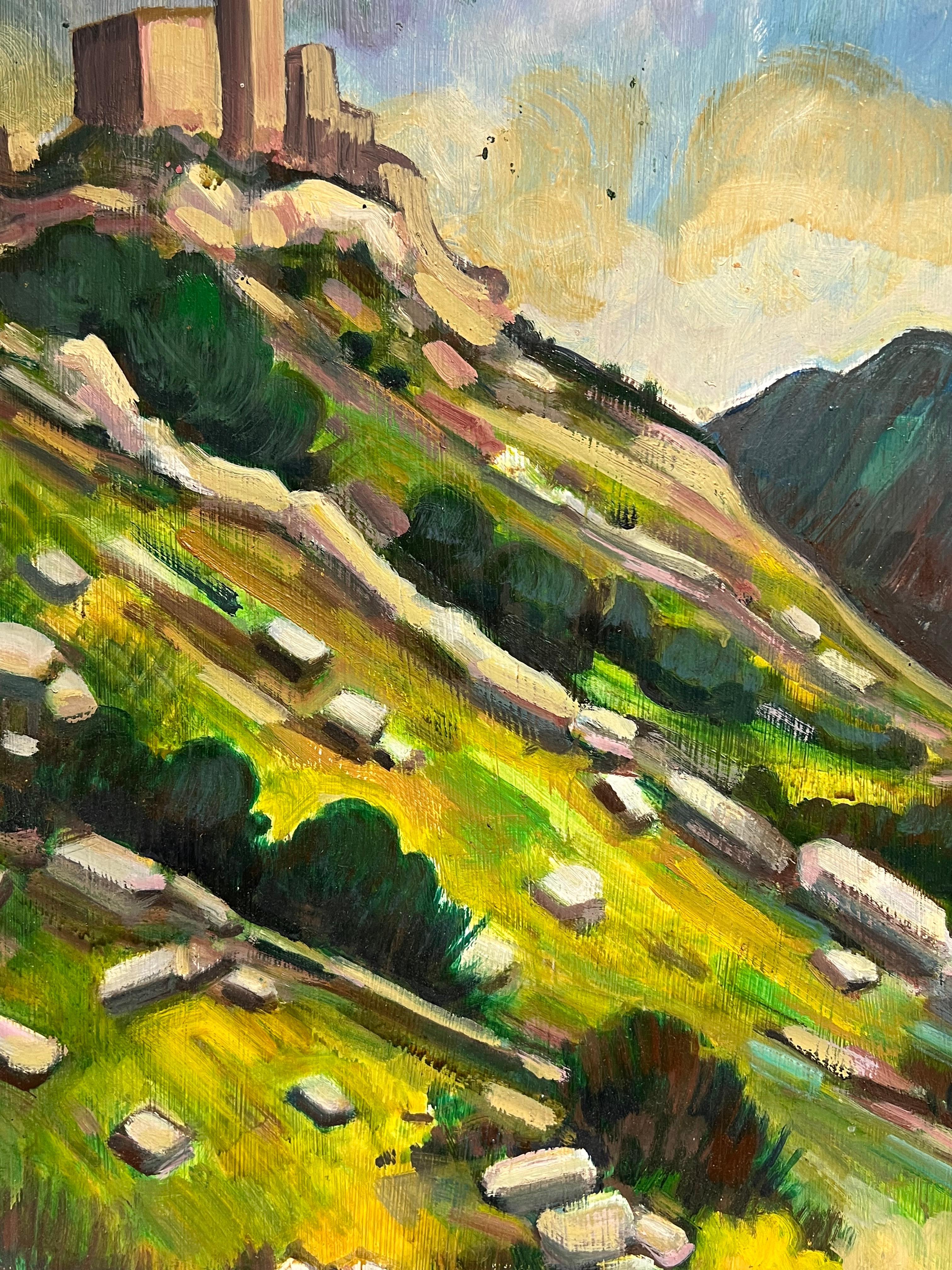 Vibrant Rolling Hills and Hilltop Castle, Französisches Ölgemälde des 20. Jahrhunderts im Angebot 1