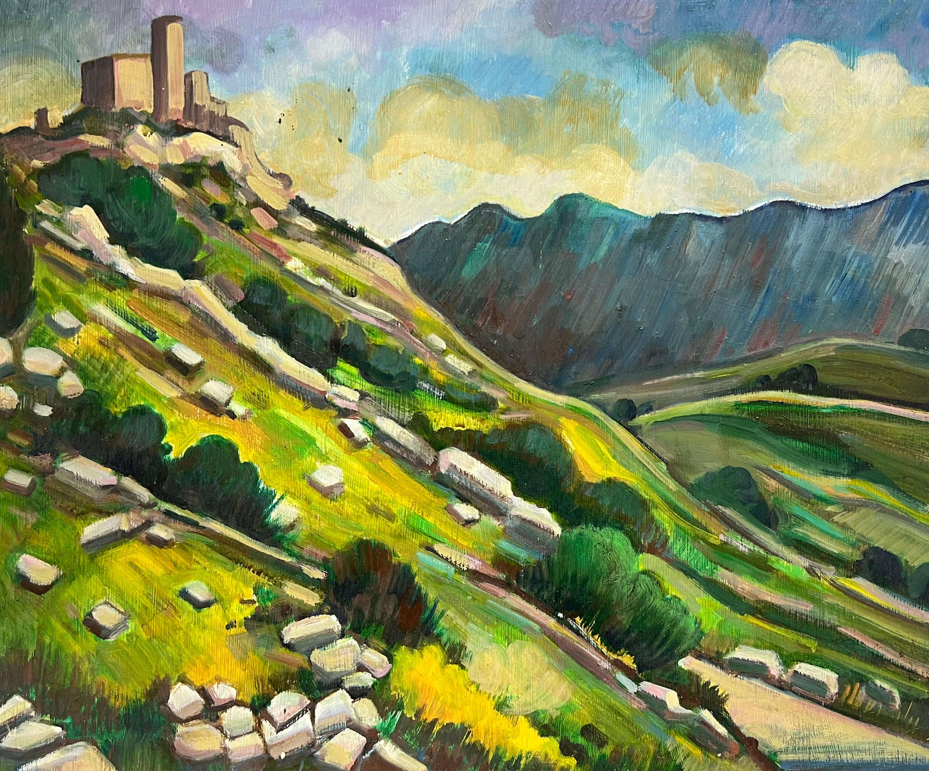 Vibrant Rolling Hills and Hilltop Castle, Französisches Ölgemälde des 20. Jahrhunderts – Painting von Max Toutain