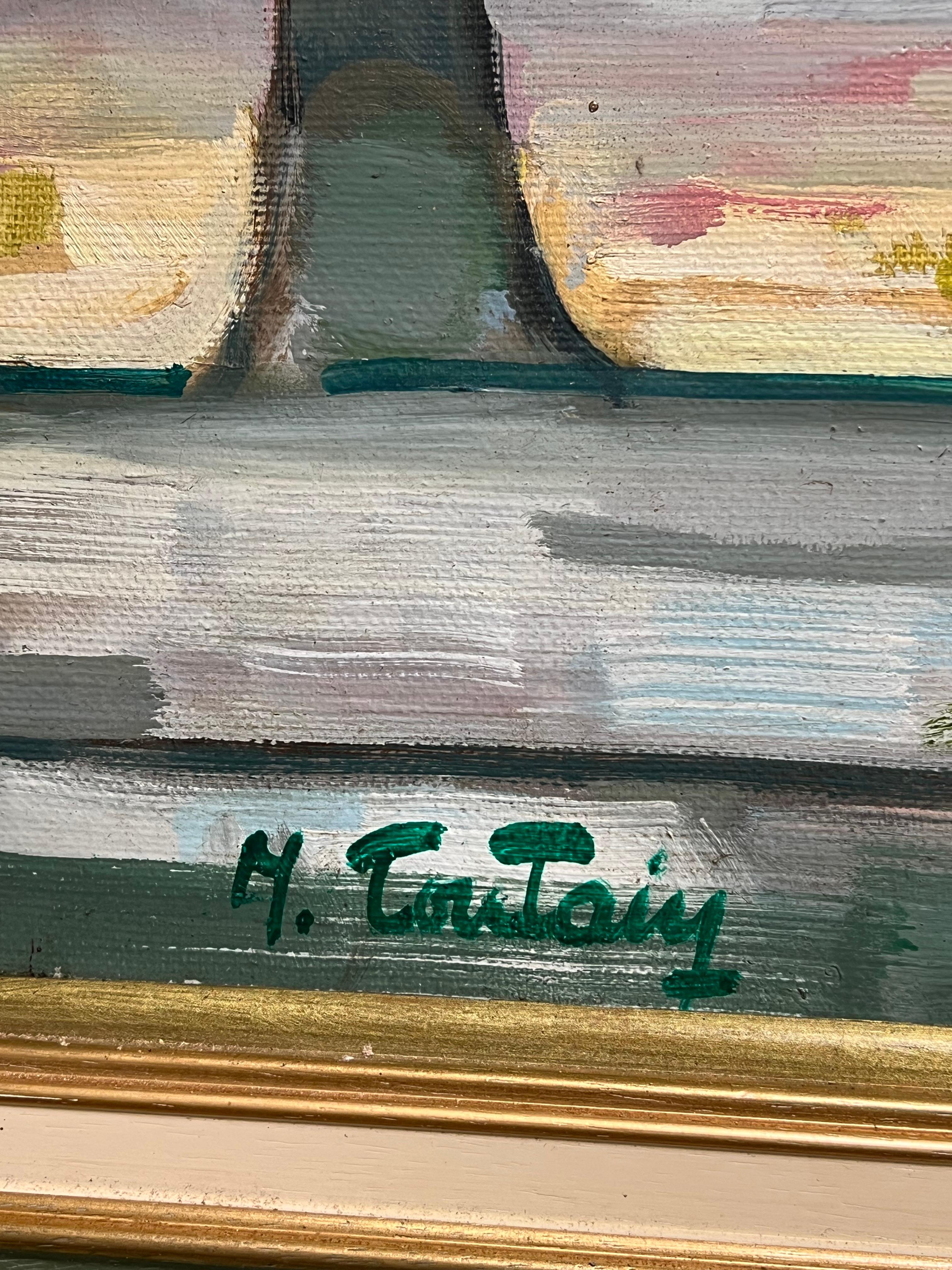 Vibrant Still Life with Potted Pink Flowers on a Garden Bench French Painting For Sale 8