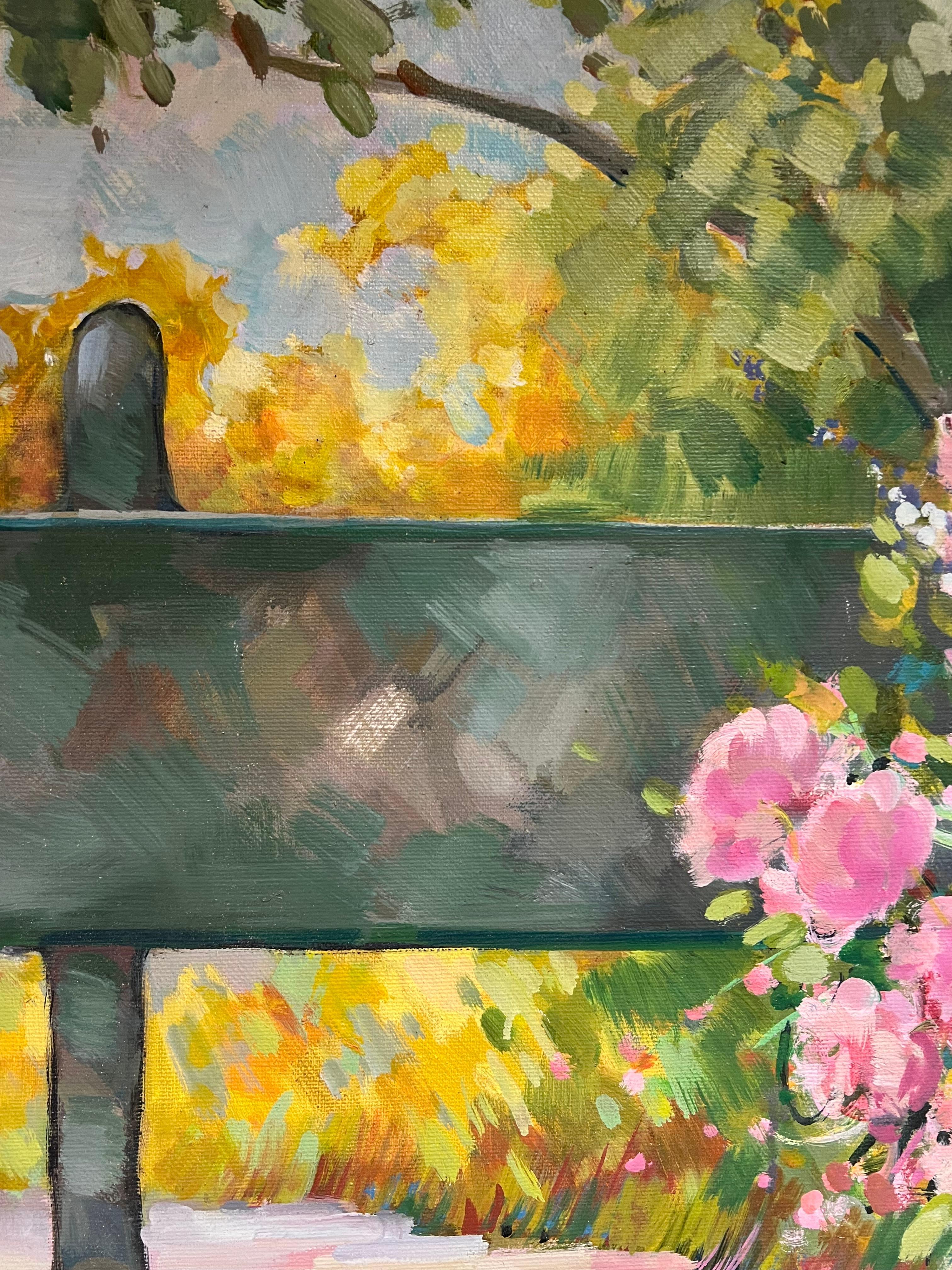 Vibrant Still Life with Potted Pink Flowers on a Garden Bench French Painting For Sale 9