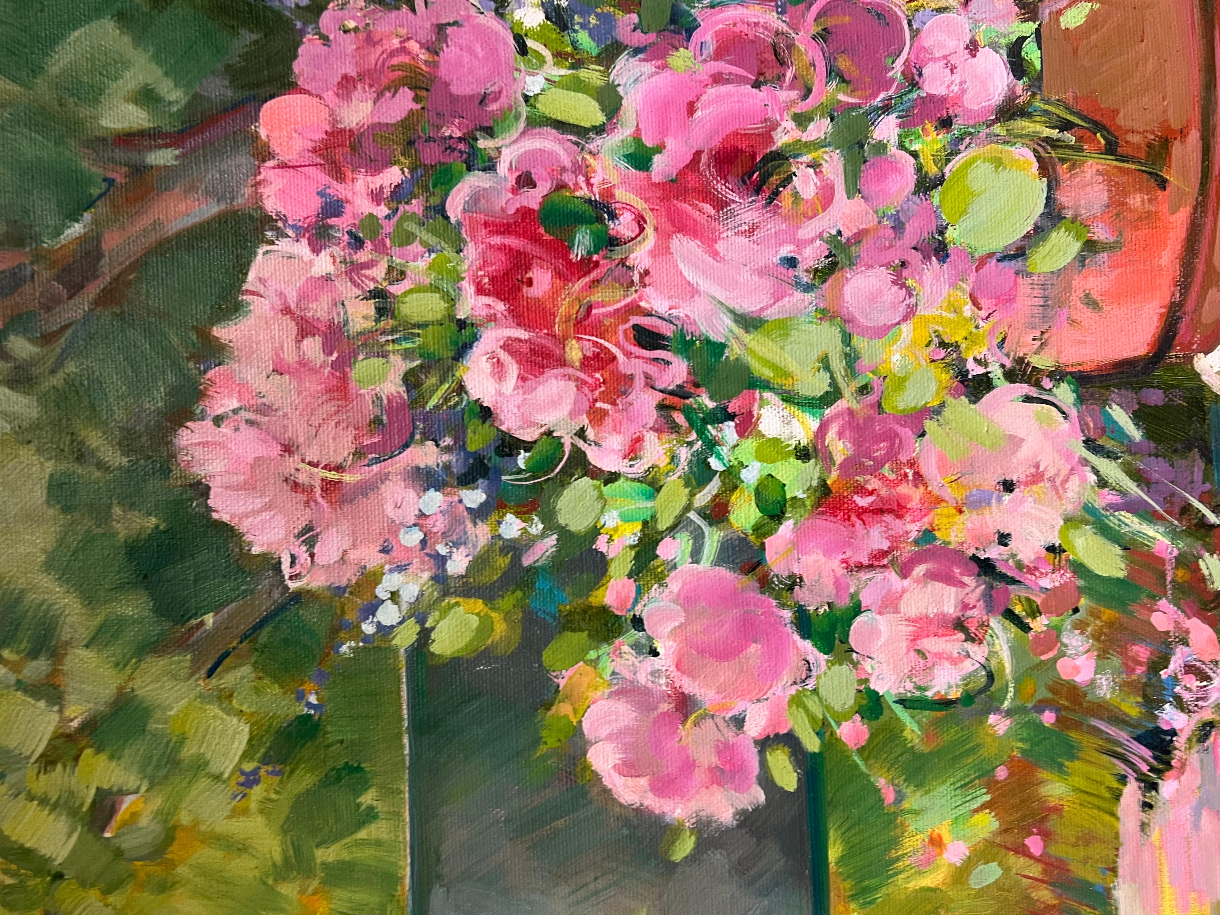 Vibrant Still Life with Potted Pink Flowers on a Garden Bench French Painting For Sale 10