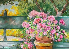 Vibrant Still Life with Potted Pink Flowers on a Garden Bench French Painting