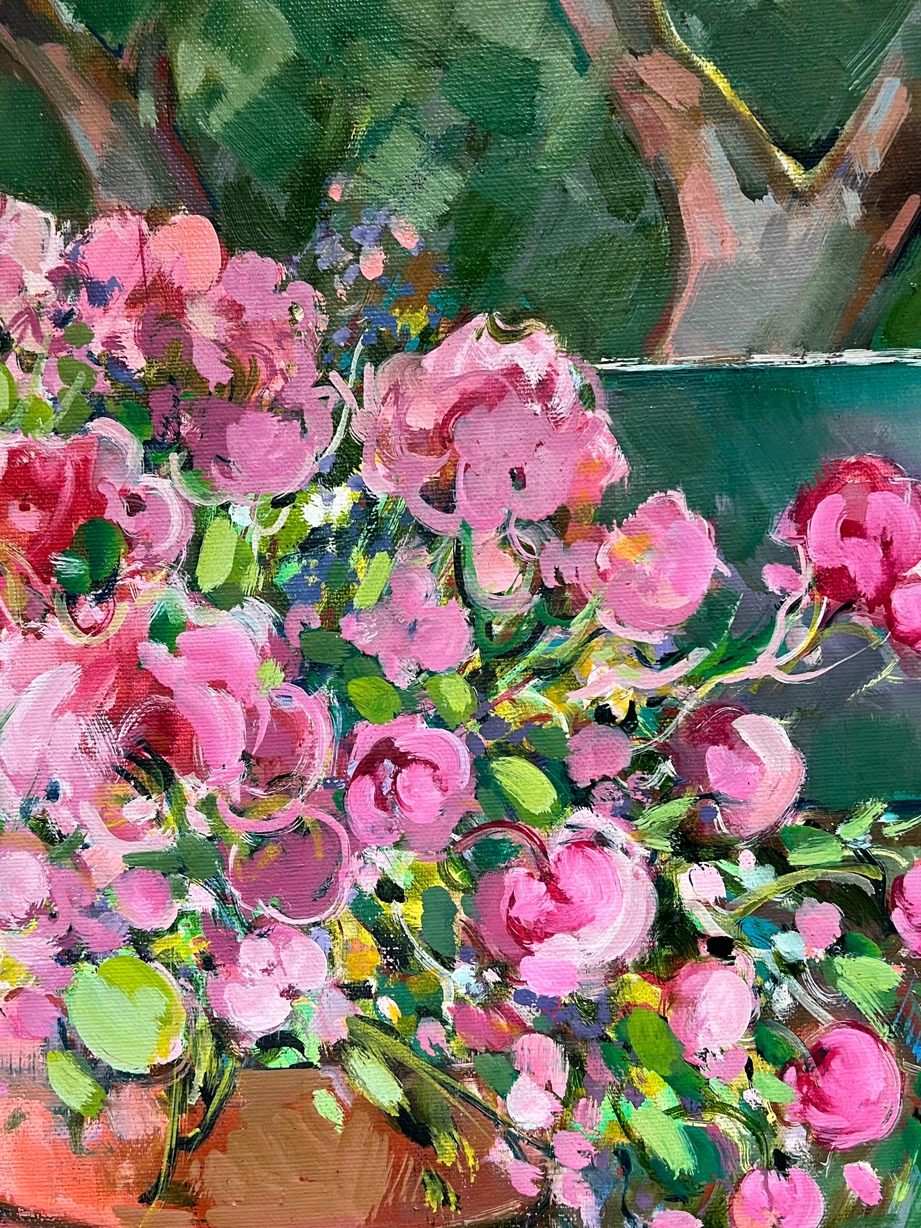 Vibrant Still Life with Potted Pink Flowers on a Garden Bench French Painting For Sale 1