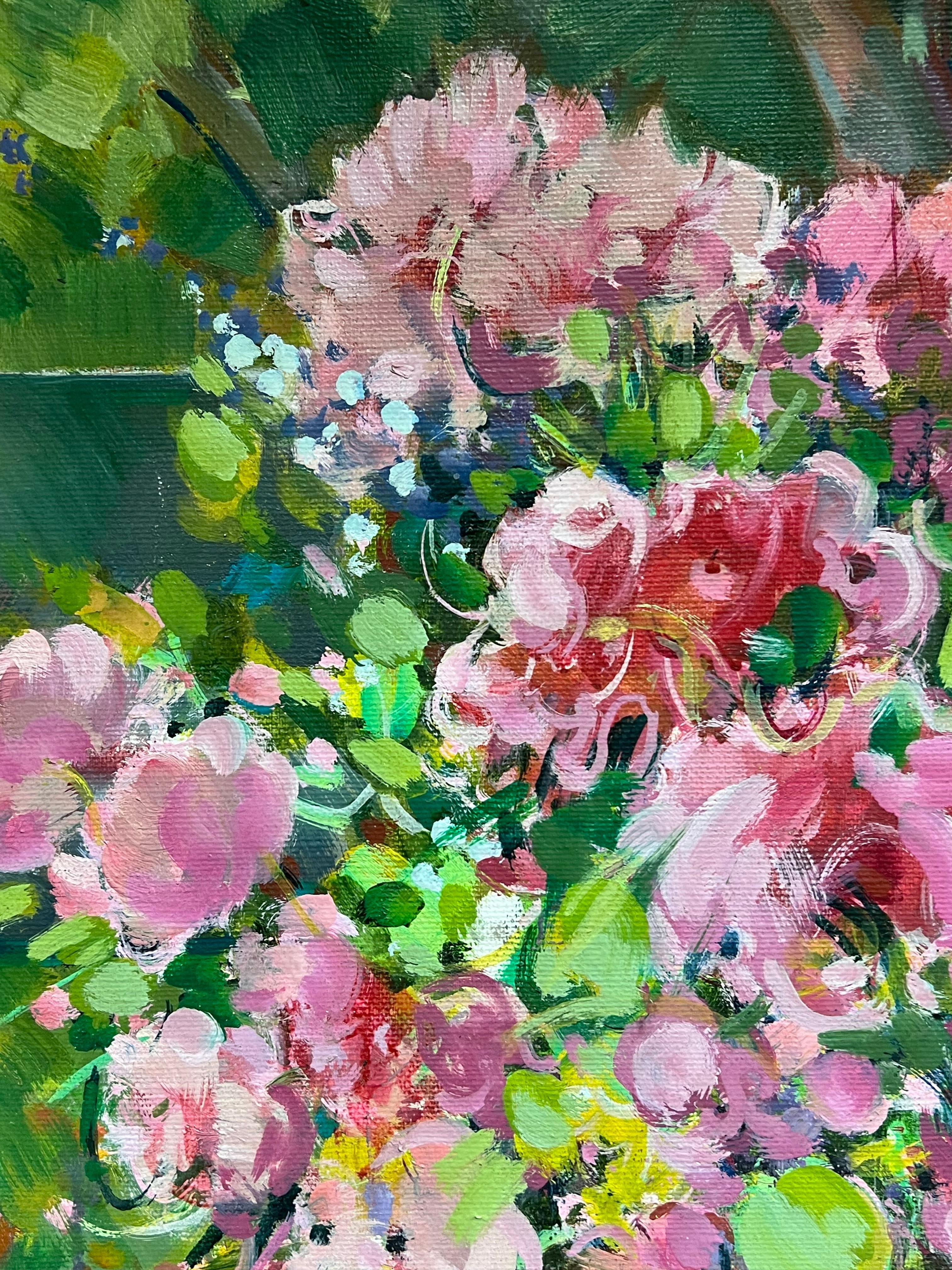 Vibrant Still Life with Potted Pink Flowers on a Garden Bench French Painting For Sale 2