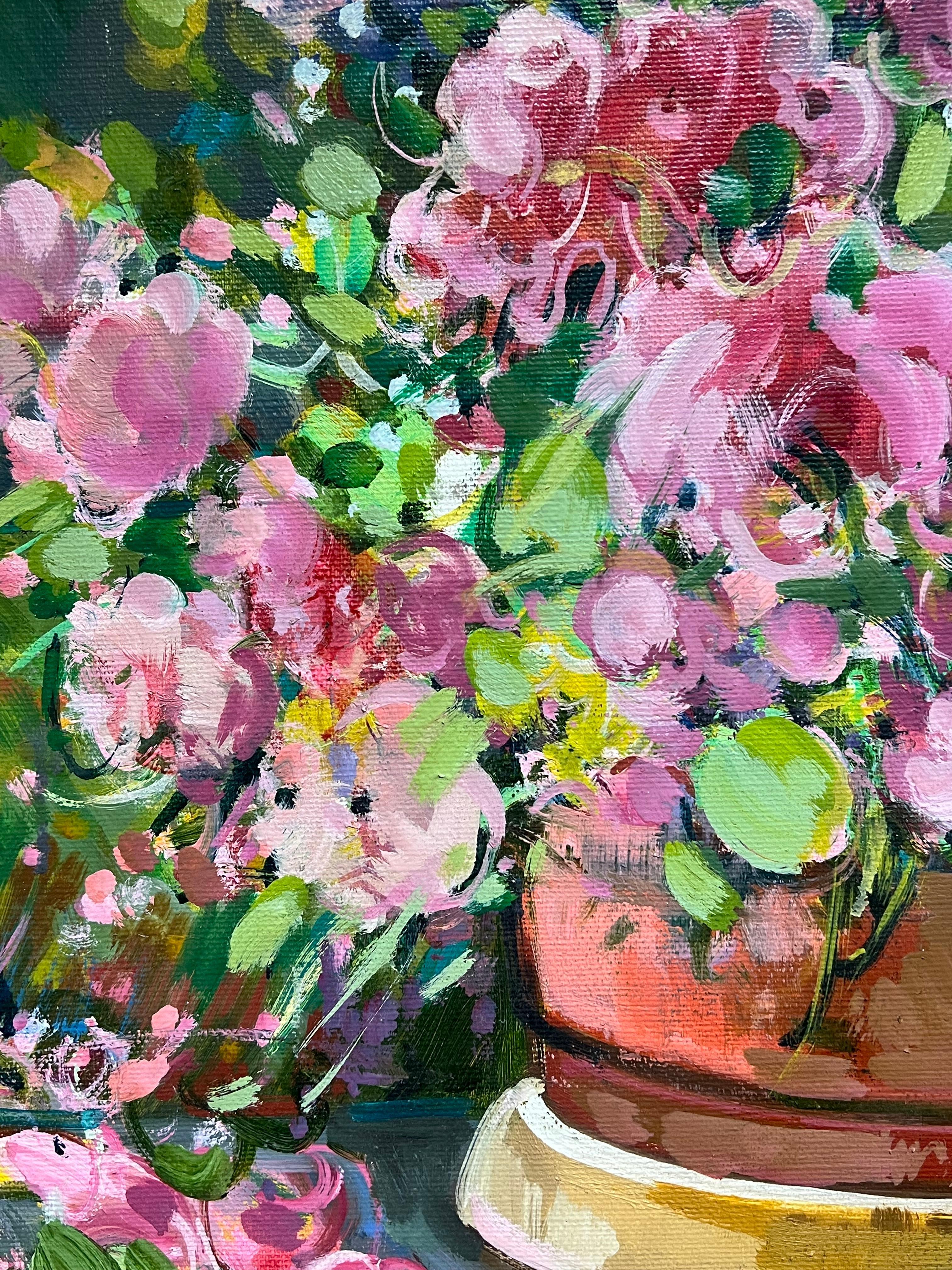 Vibrant Still Life with Potted Pink Flowers on a Garden Bench French Painting For Sale 3