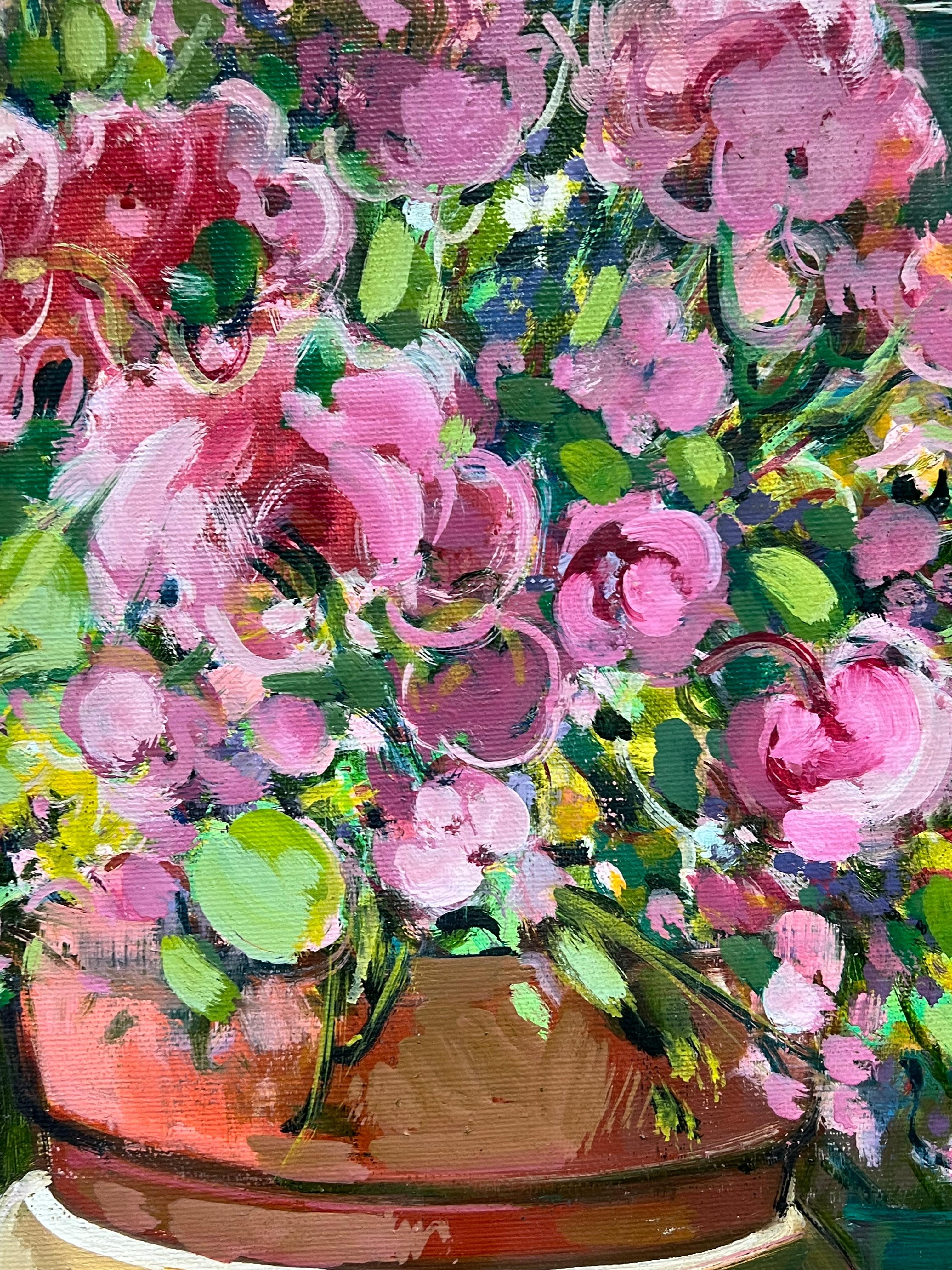 Vibrant Still Life with Potted Pink Flowers on a Garden Bench French Painting For Sale 4