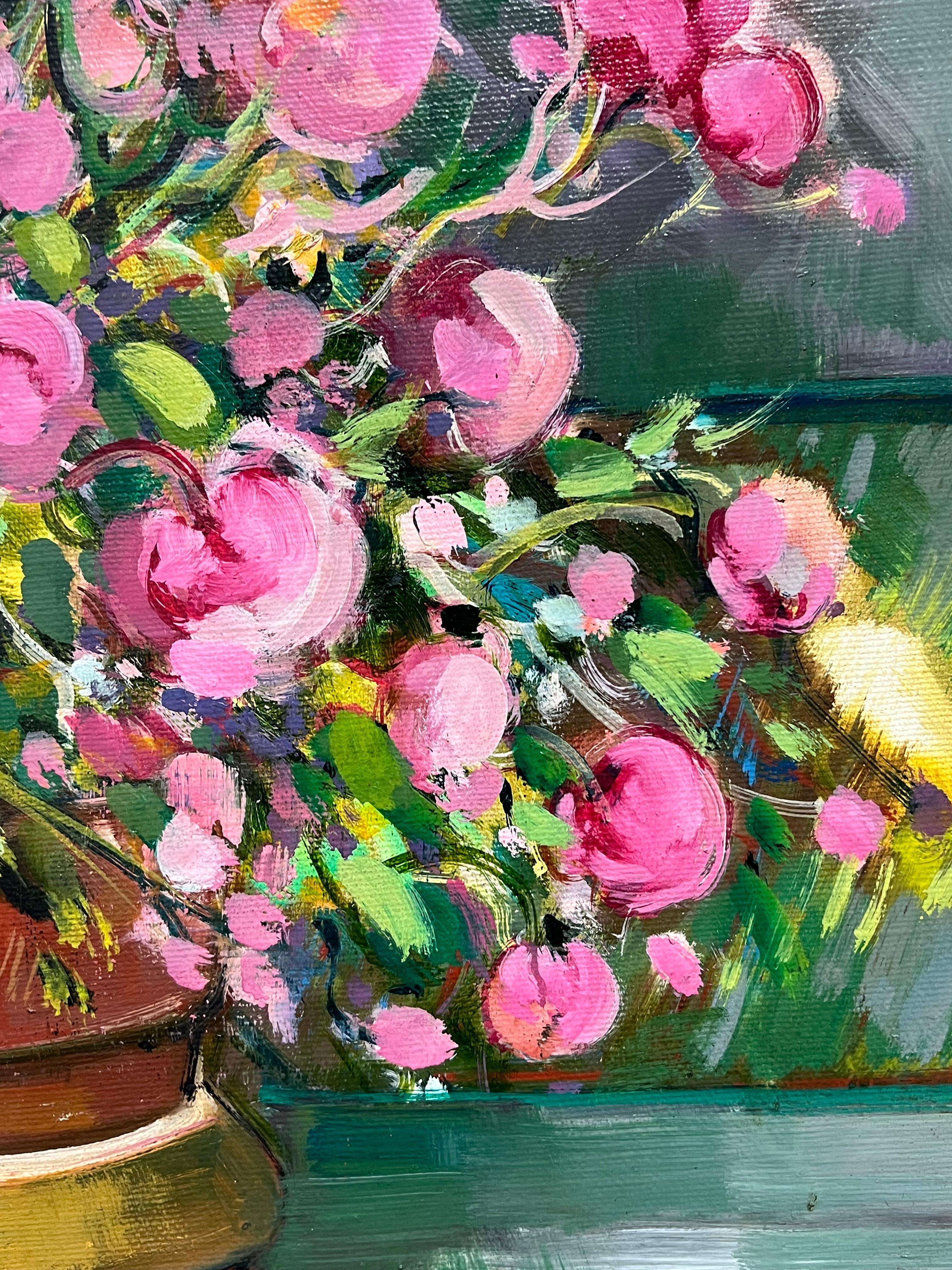 Vibrant Still Life with Potted Pink Flowers on a Garden Bench French Painting For Sale 5