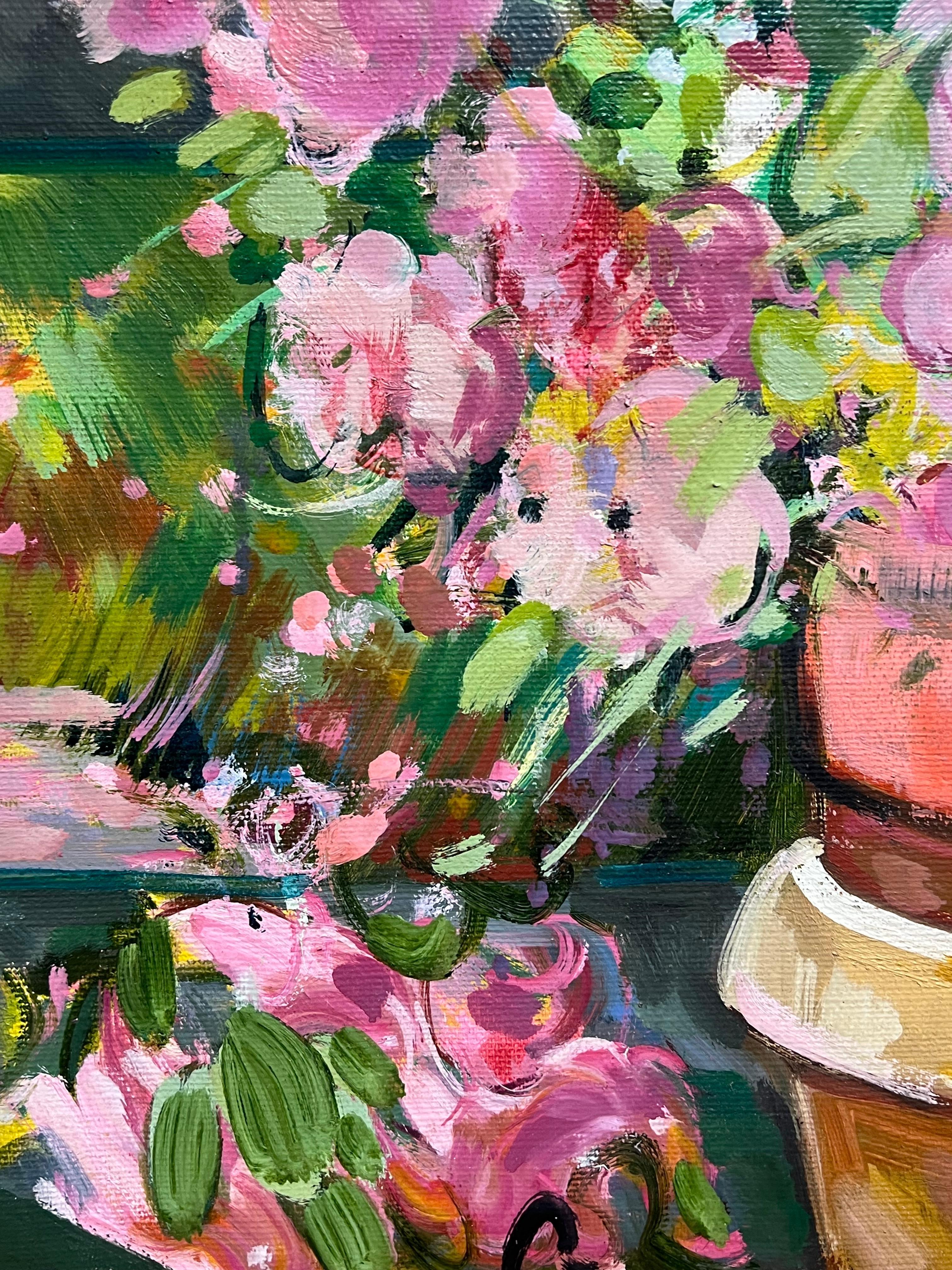 Vibrant Still Life with Potted Pink Flowers on a Garden Bench French Painting For Sale 6