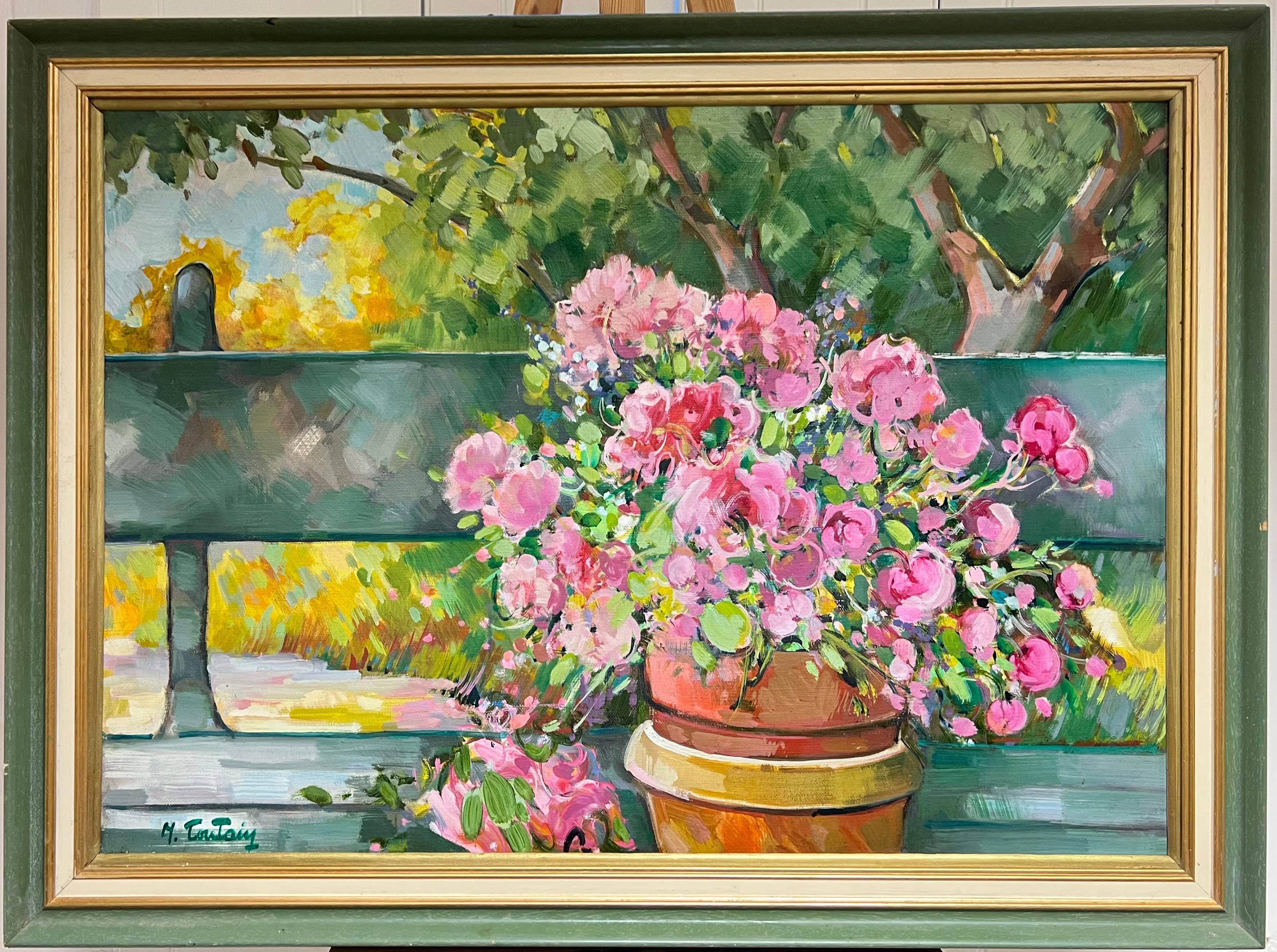 Max Toutain Landscape Painting - Vibrant Still Life with Potted Pink Flowers on a Garden Bench French Painting