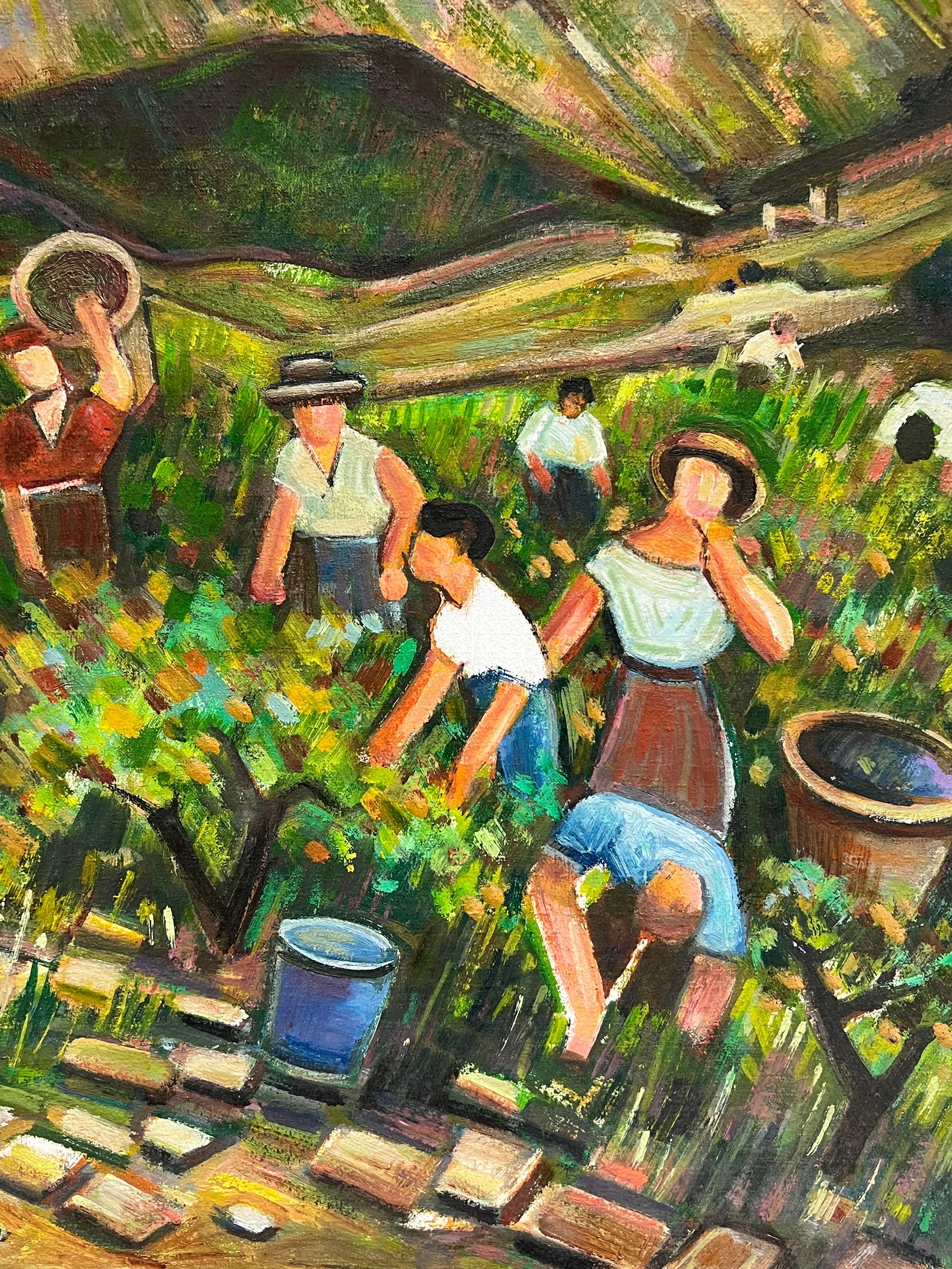 Lavoratori della vigna che vendemmiano nel sud della Francia Grande olio francese del XX secolo in vendita 5
