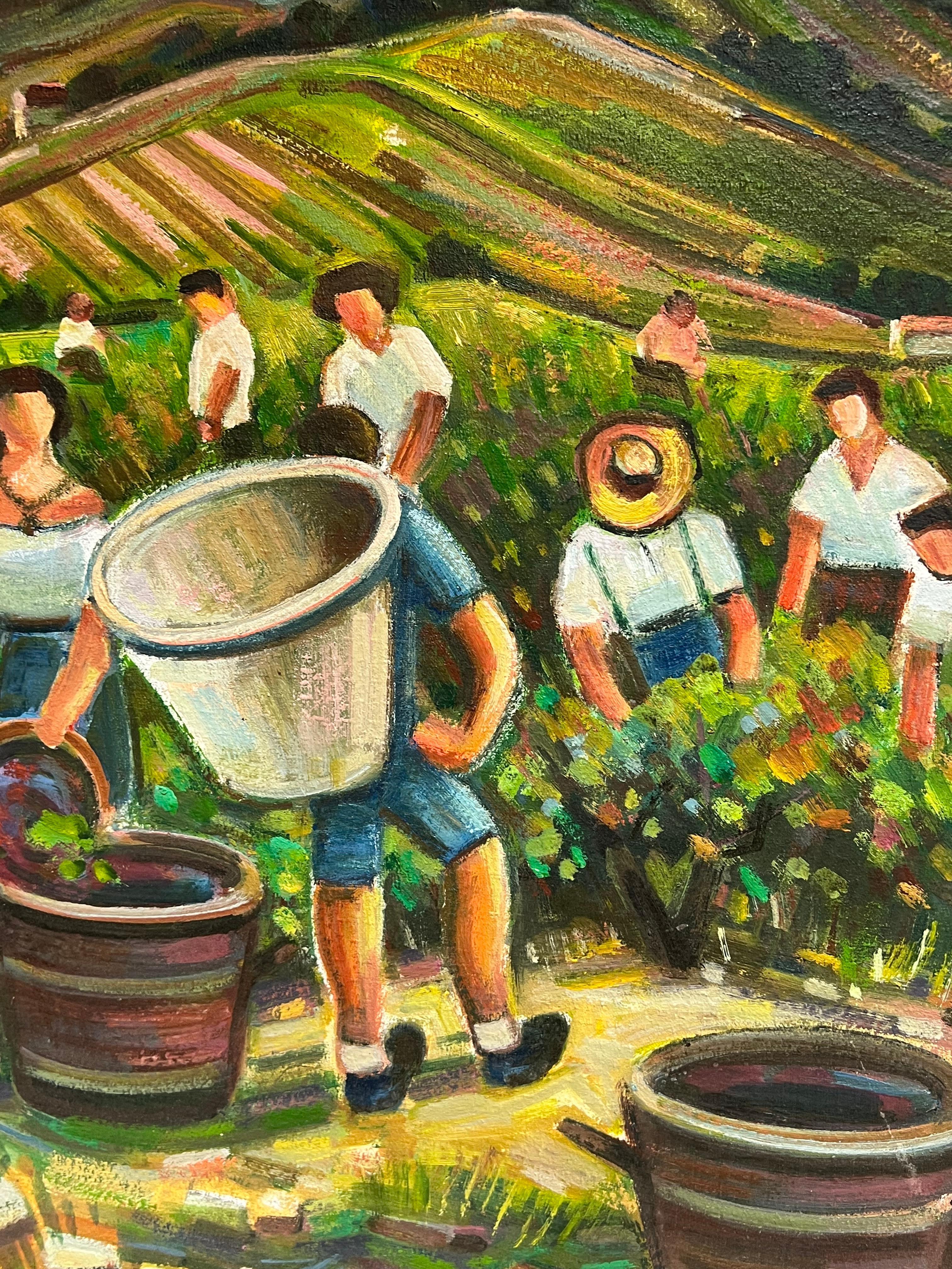 Lavoratori della vigna che vendemmiano nel sud della Francia Grande olio francese del XX secolo in vendita 6