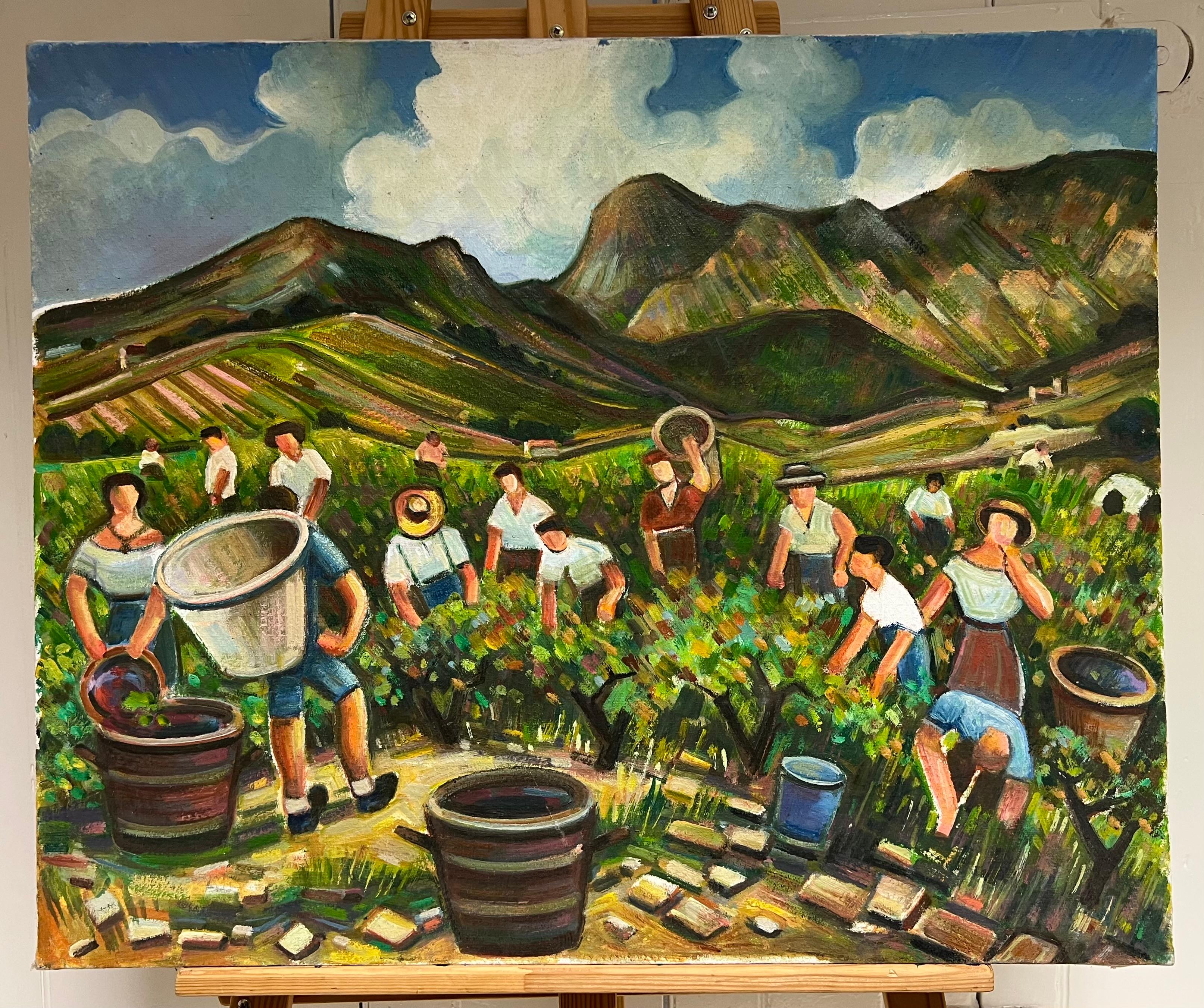 Lavoratori della vigna che vendemmiano nel sud della Francia Grande olio francese del XX secolo - Painting di Max Toutain