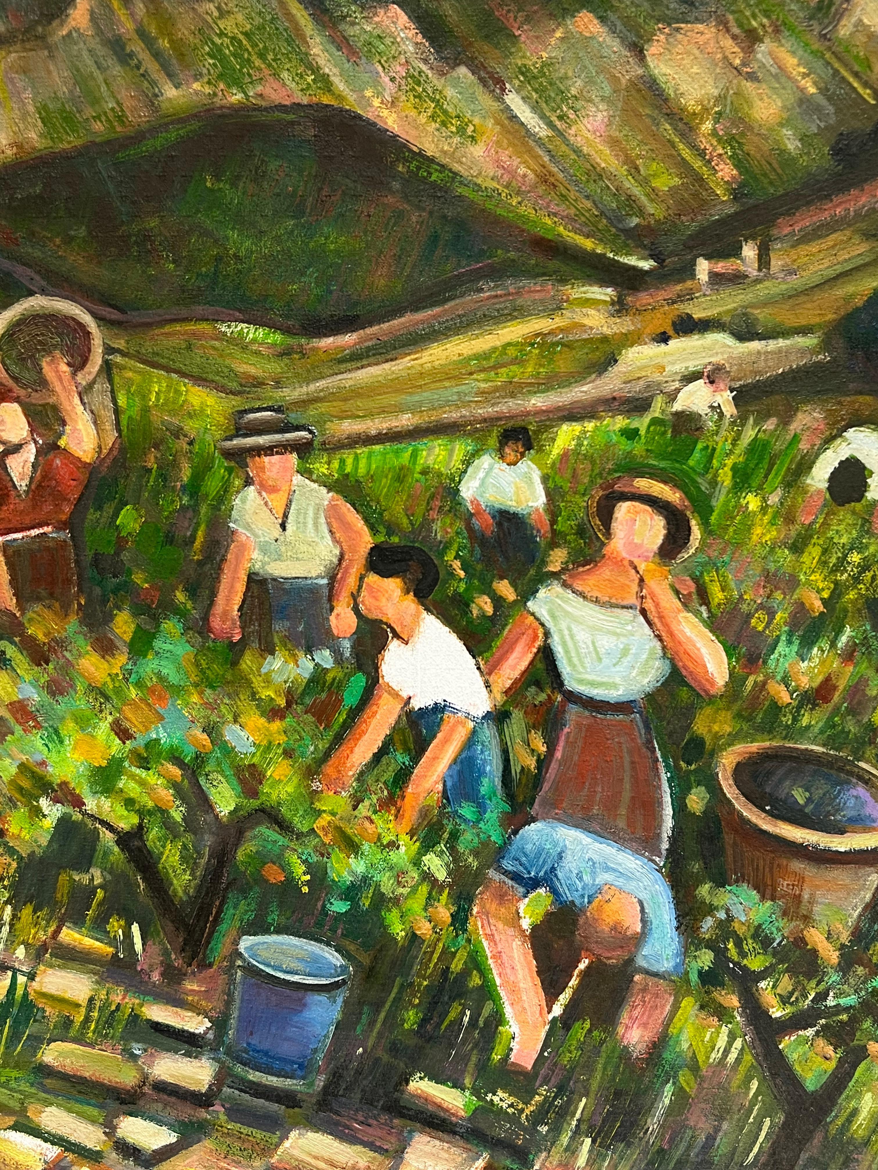 Lavoratori della vigna che vendemmiano nel sud della Francia Grande olio francese del XX secolo - Painting Postimpressionismo di Max Toutain