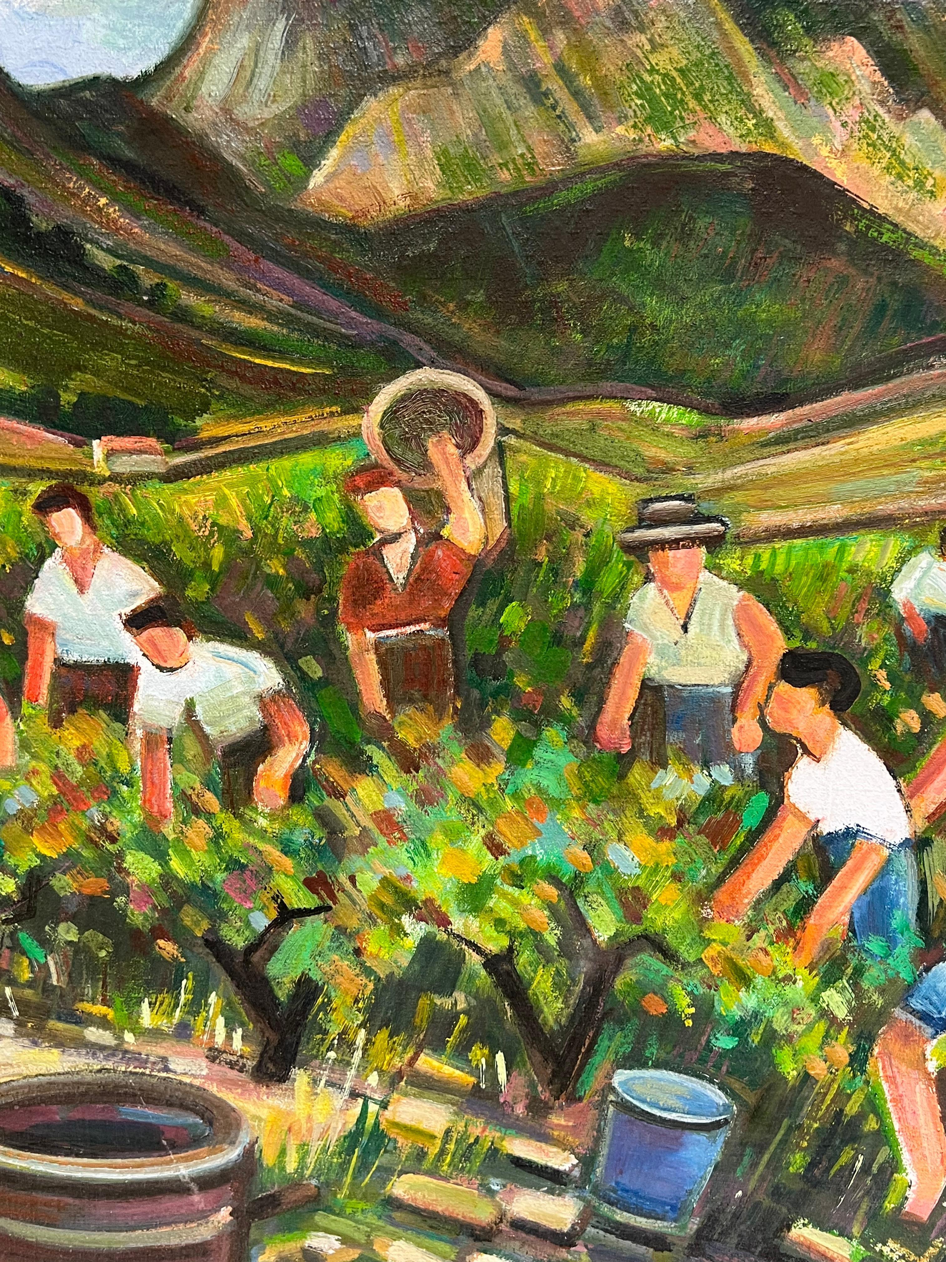 Lavoratori della vigna che vendemmiano nel sud della Francia Grande olio francese del XX secolo - Figurative Painting Nero di Max Toutain