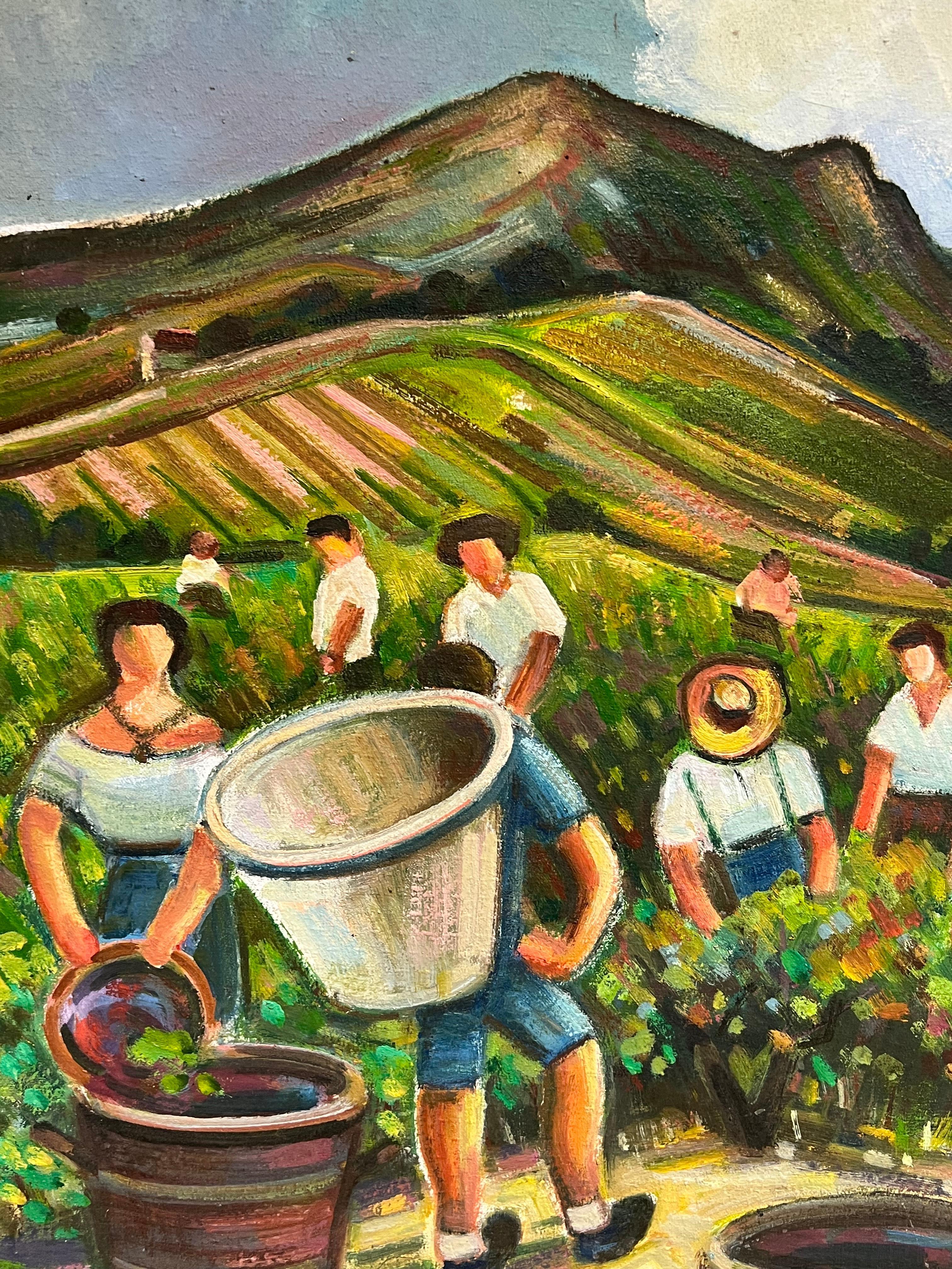 Lavoratori della vigna che vendemmiano nel sud della Francia Grande olio francese del XX secolo in vendita 1