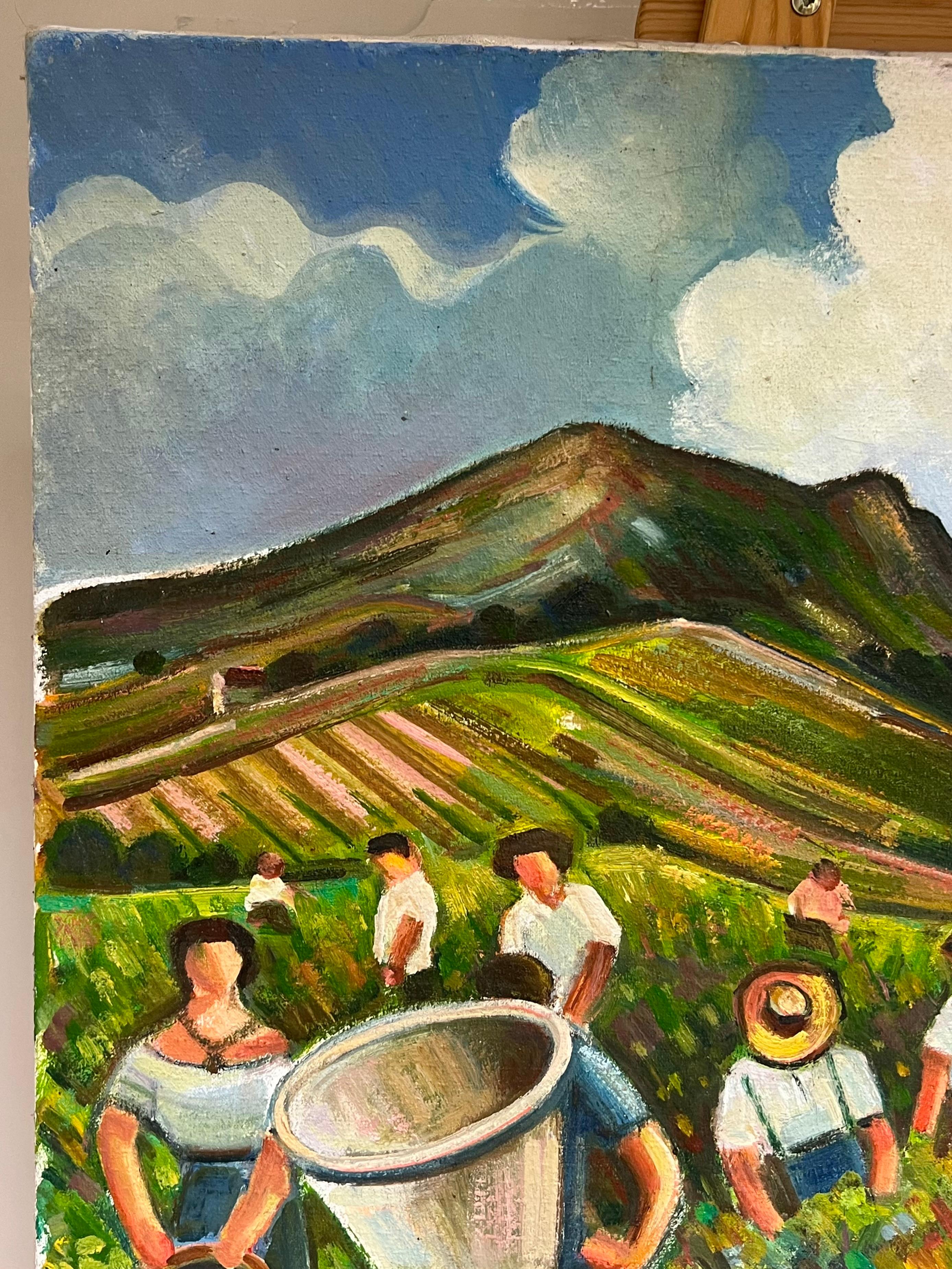 Lavoratori della vigna che vendemmiano nel sud della Francia Grande olio francese del XX secolo in vendita 2