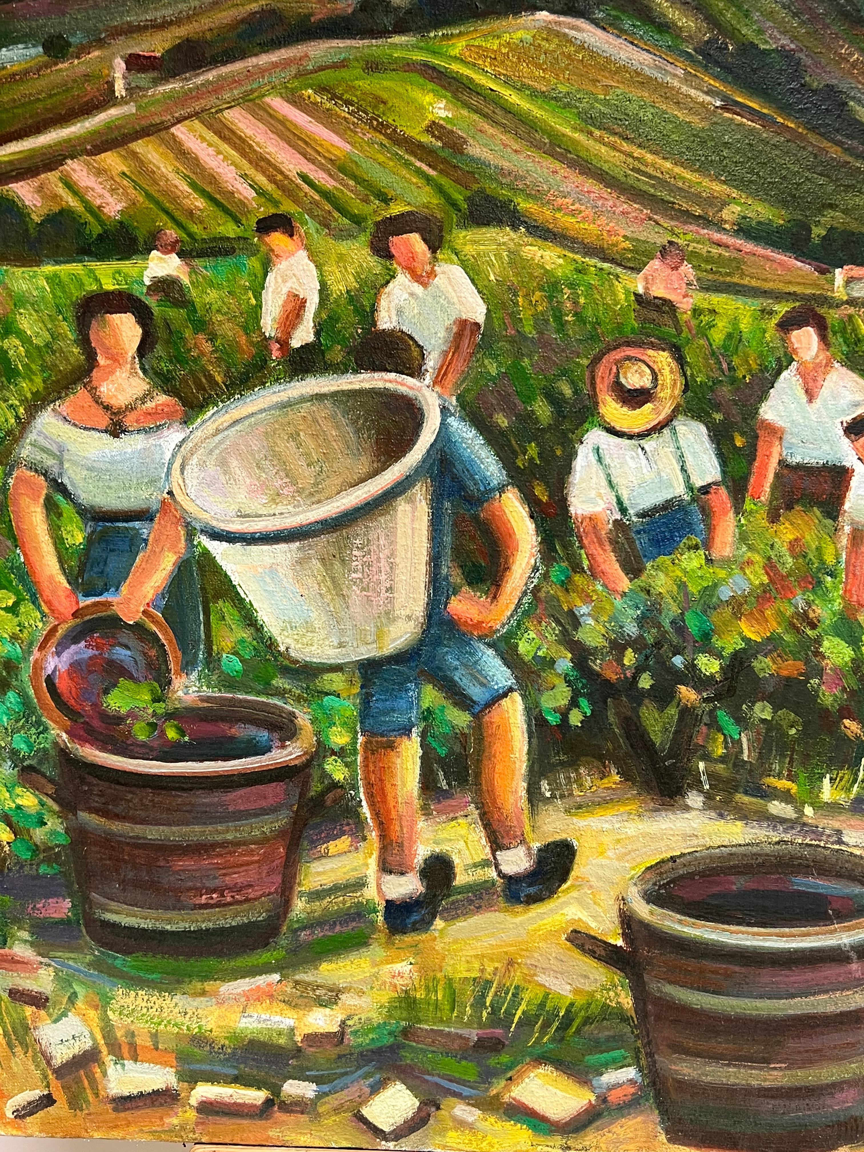 Lavoratori della vigna che vendemmiano nel sud della Francia Grande olio francese del XX secolo in vendita 3