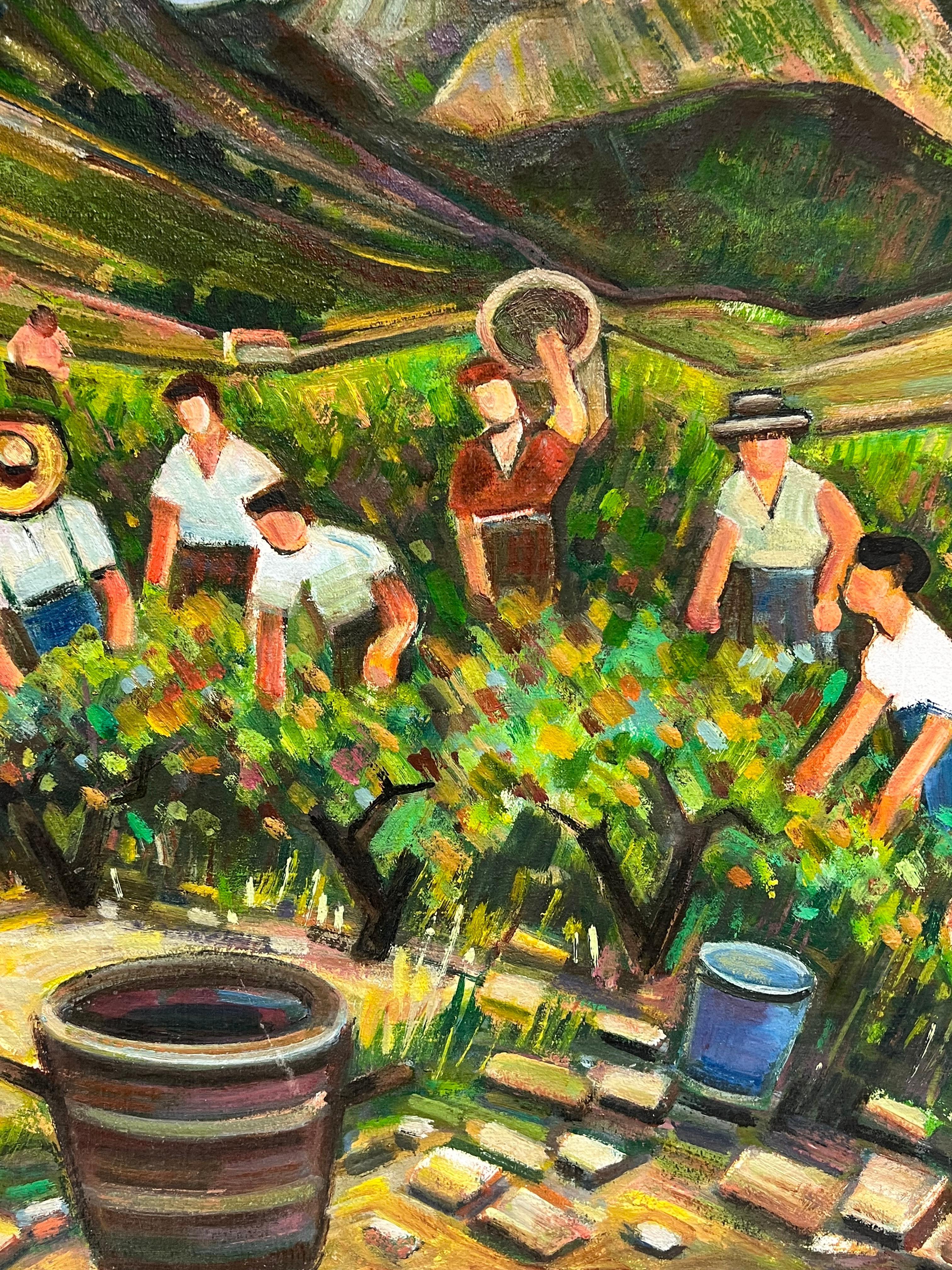 Lavoratori della vigna che vendemmiano nel sud della Francia Grande olio francese del XX secolo in vendita 4