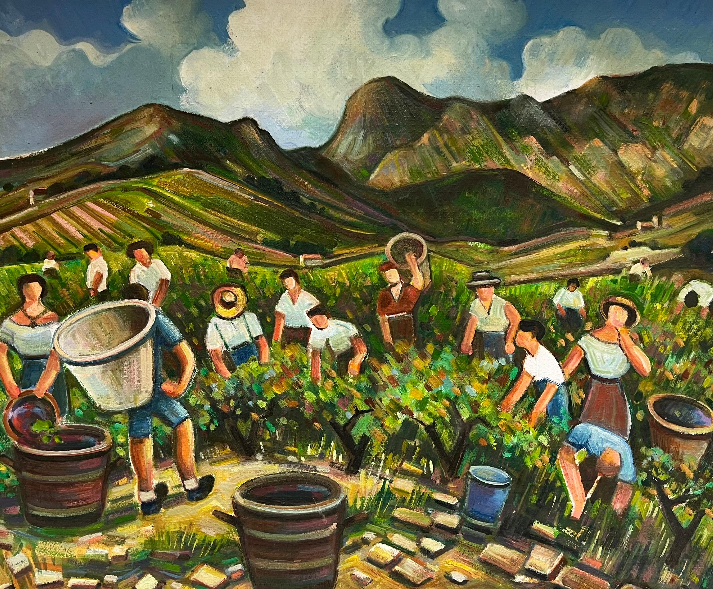 Figurative Painting di Max Toutain - Lavoratori della vigna che vendemmiano nel sud della Francia Grande olio francese del XX secolo