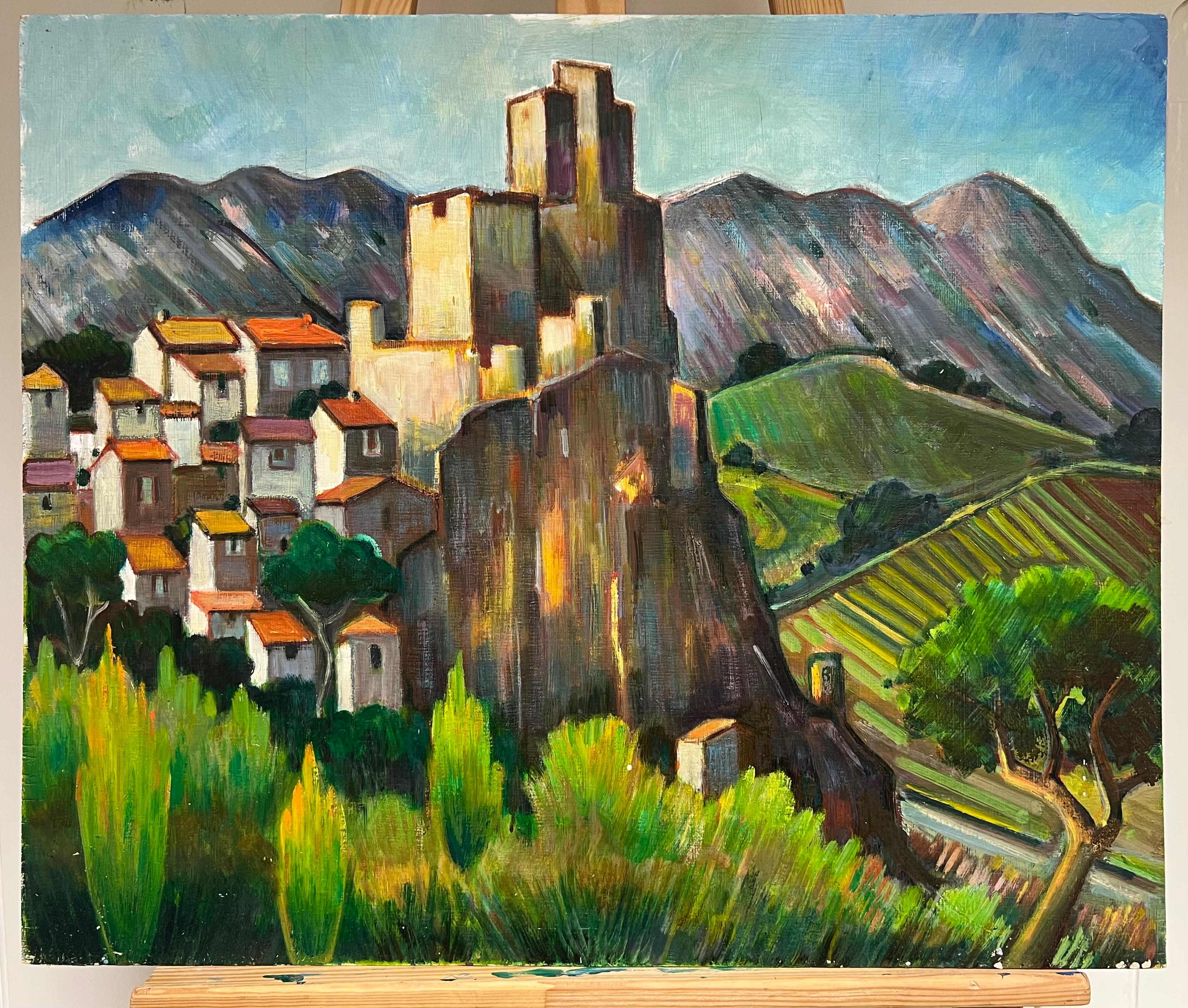 Vivid French Village with Castle and Vineyards 20th Century Oil Painting - Black Landscape Painting by Max Toutain