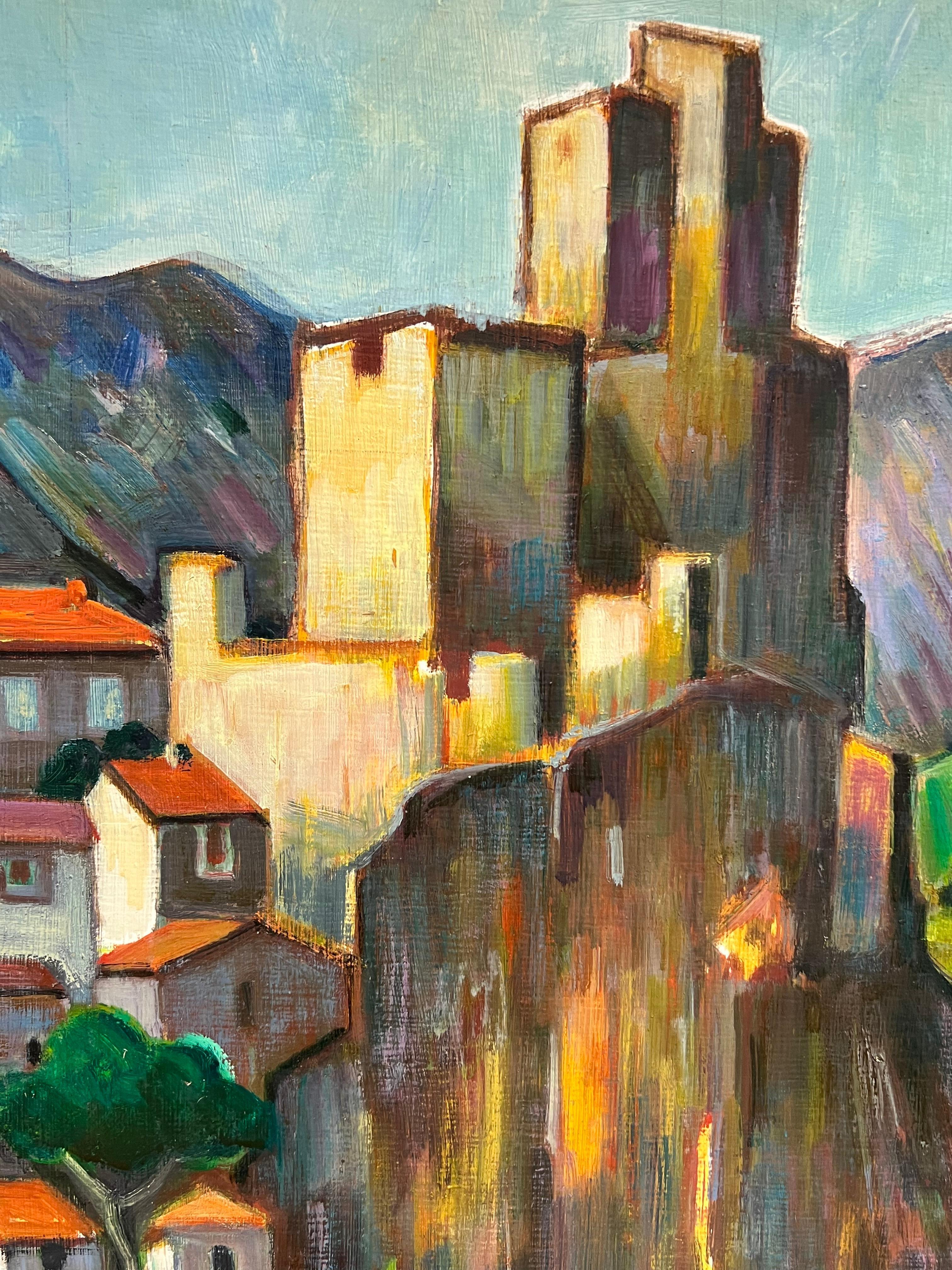 French Village 
by Max Toutain (1935-2006)
oil painting on board, unframed
board : 21.5 x 26 inches
Provenance: all the paintings we have by this artist have come from the artists estate in the South of France. 
Condition: very good condition

Max