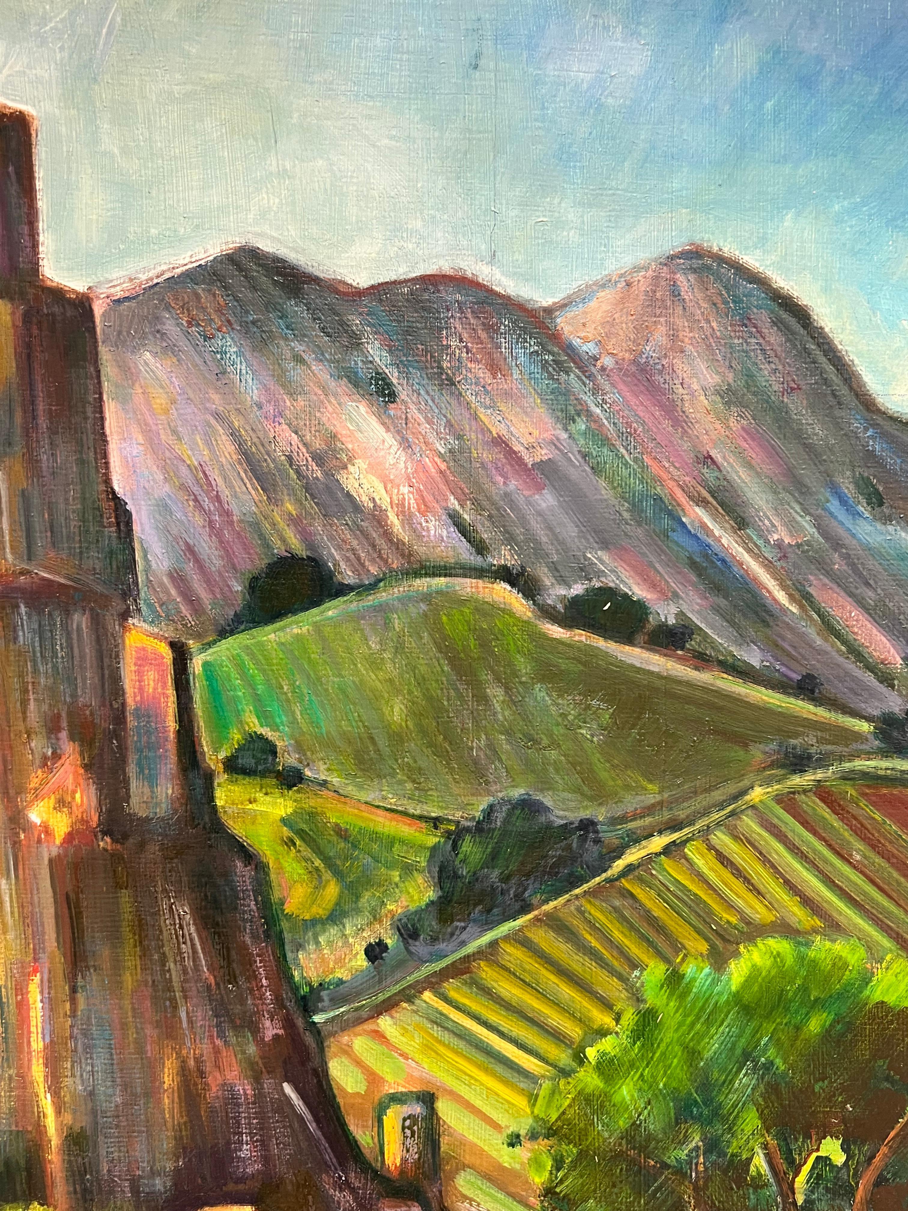 Vivid French Village with Castle and Vineyards 20th Century Oil Painting For Sale 1