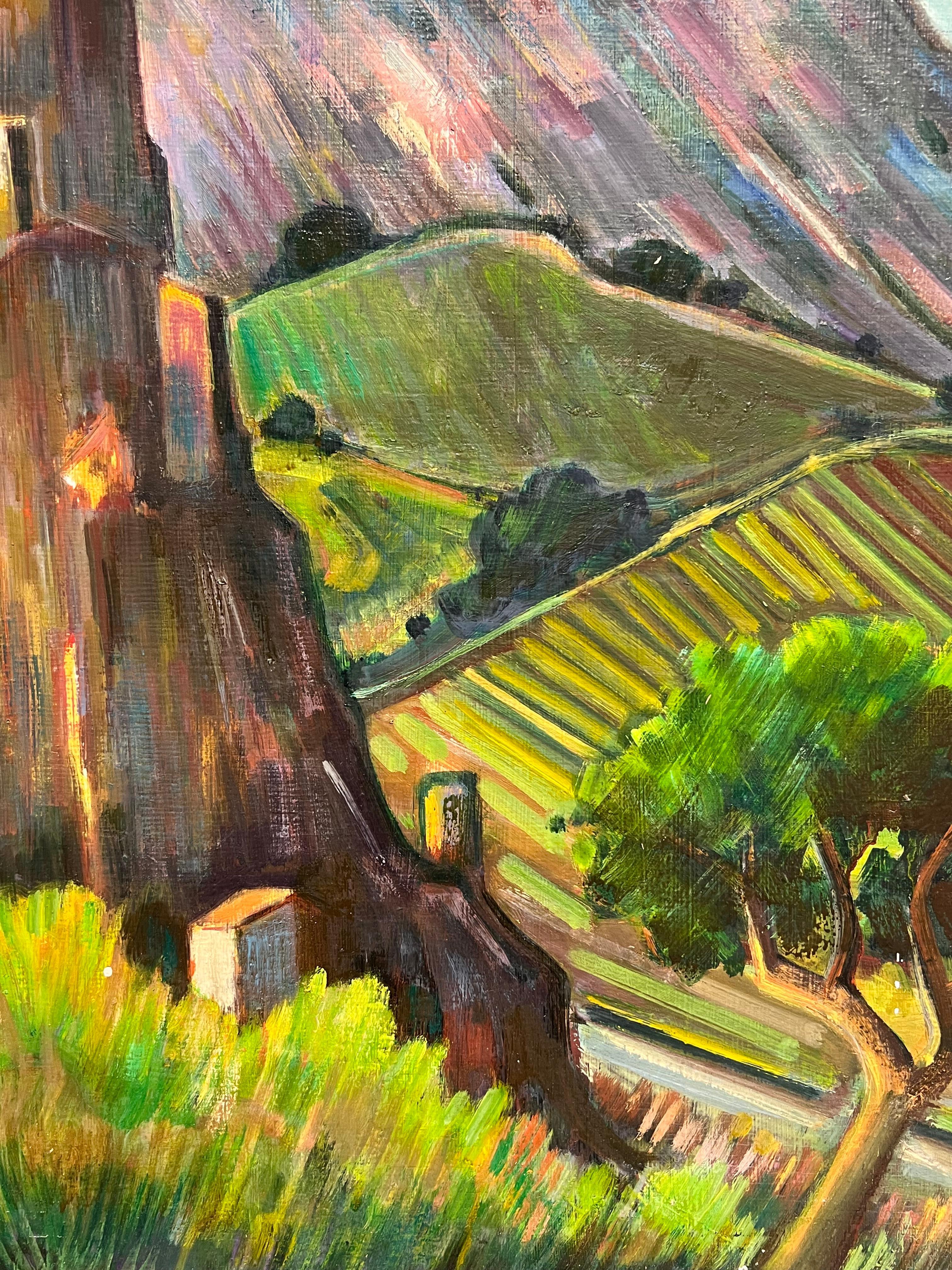 Vivid French Village with Castle and Vineyards 20th Century Oil Painting For Sale 2