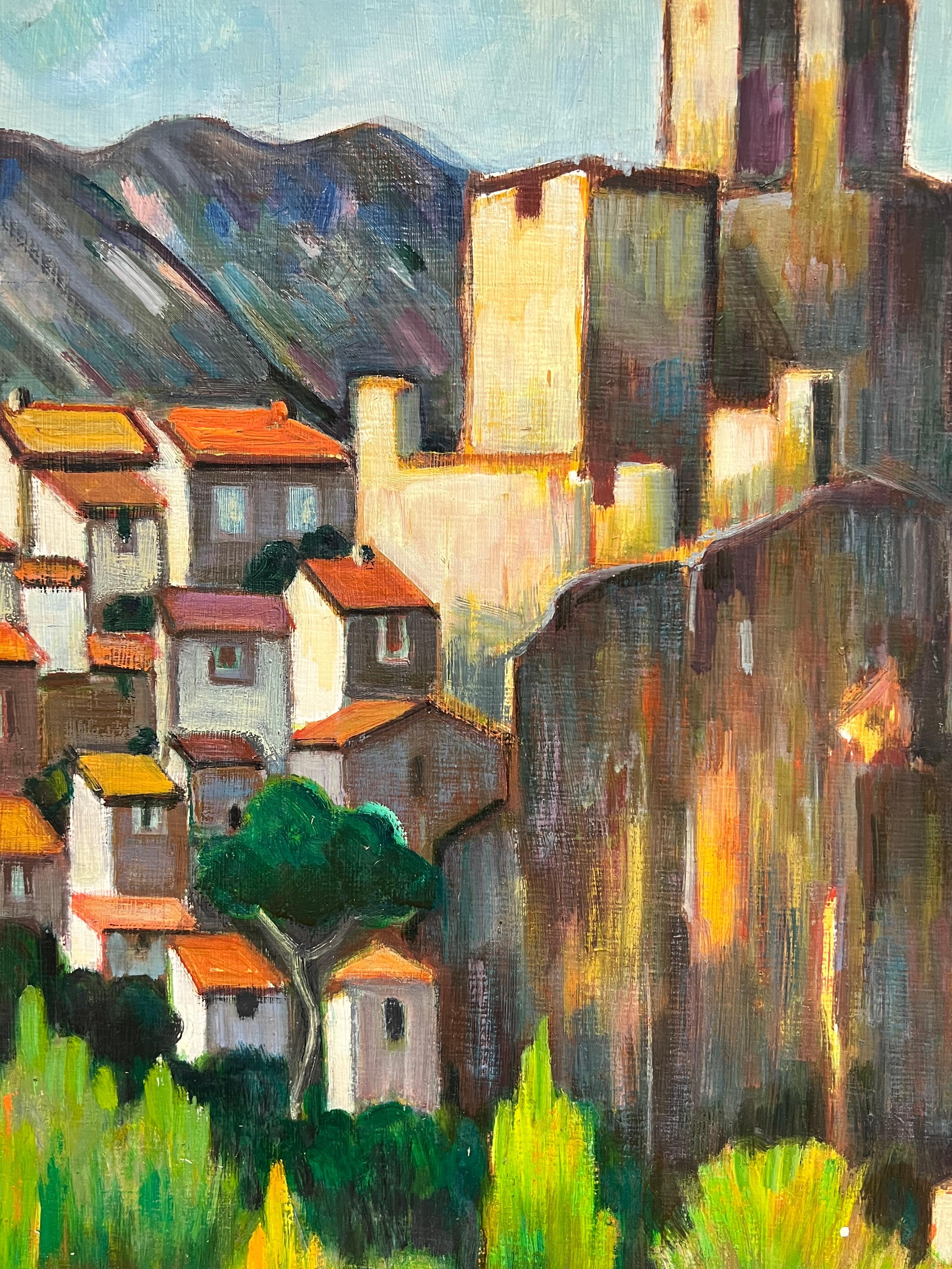 Vivid French Village with Castle and Vineyards 20th Century Oil Painting For Sale 3