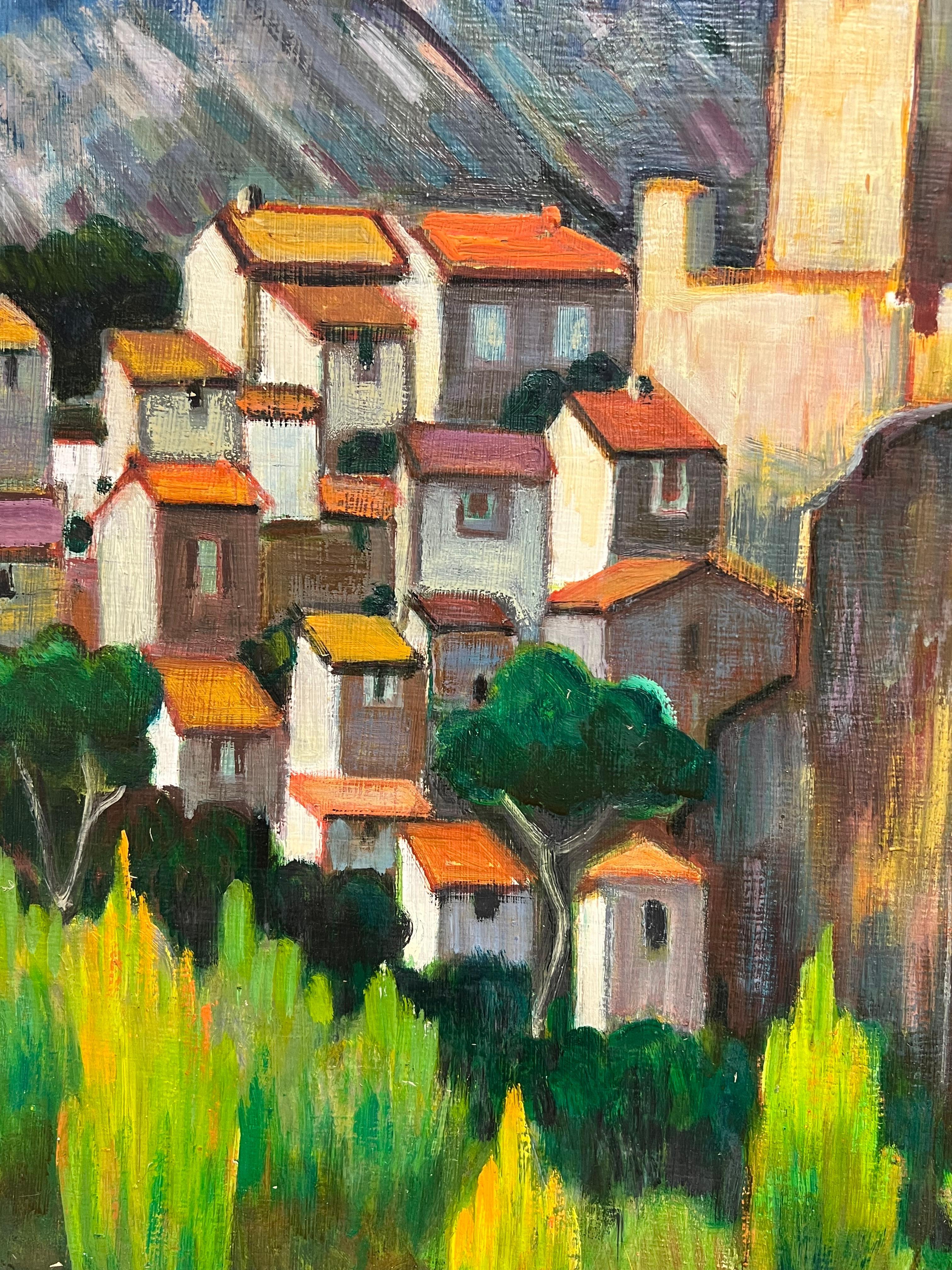 Vivid French Village with Castle and Vineyards 20th Century Oil Painting For Sale 4