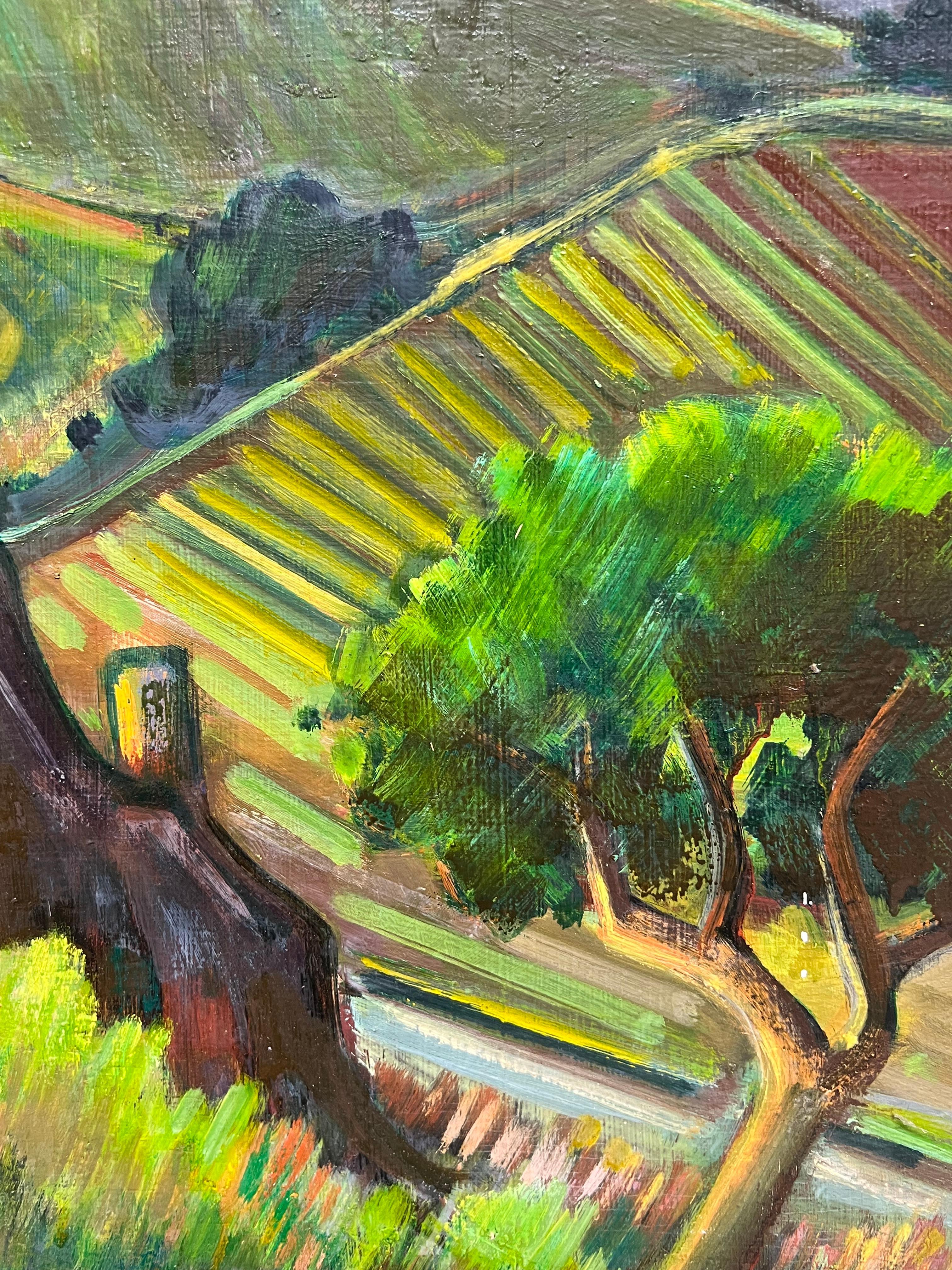 Vivid French Village with Castle and Vineyards 20th Century Oil Painting For Sale 5